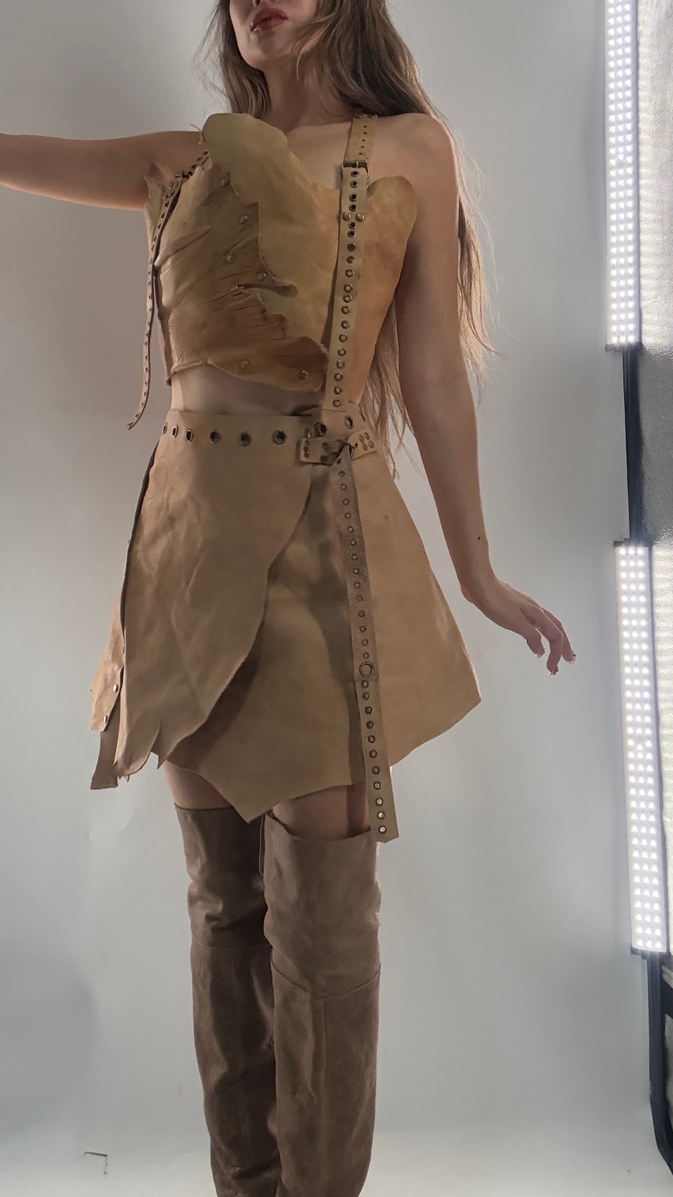 CUSTOM Handmade Rugged and Reversible Distressed Leather Two Piece Set with Grommet Waistband (XS-XL)