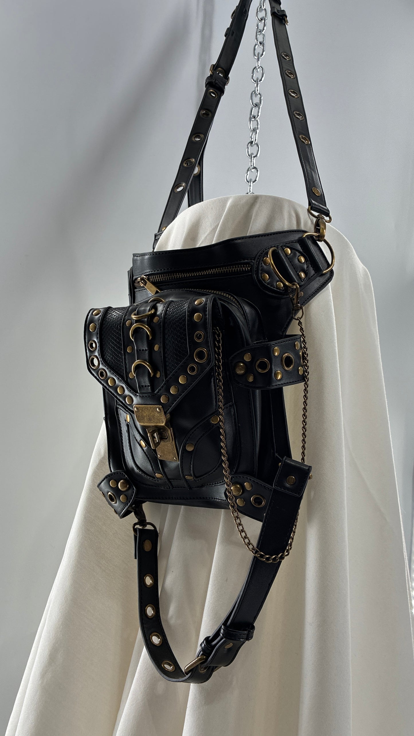 Vintage Bronze Studded, Leather Thigh Strap Crossbody Bag
