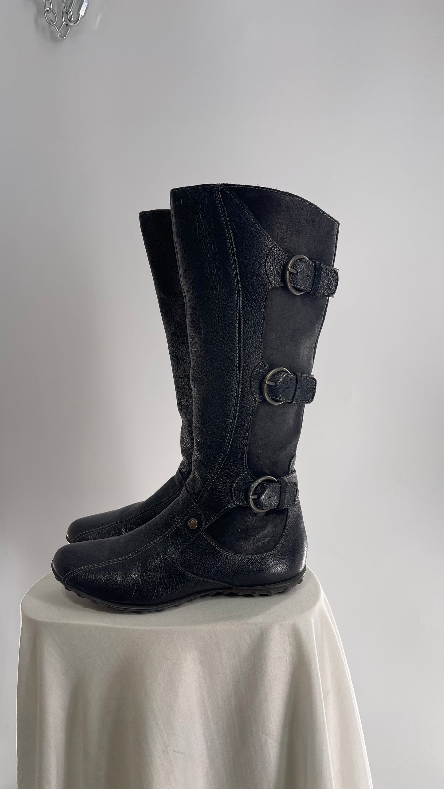 GEOX Black Leather Buckle Knee High Boots