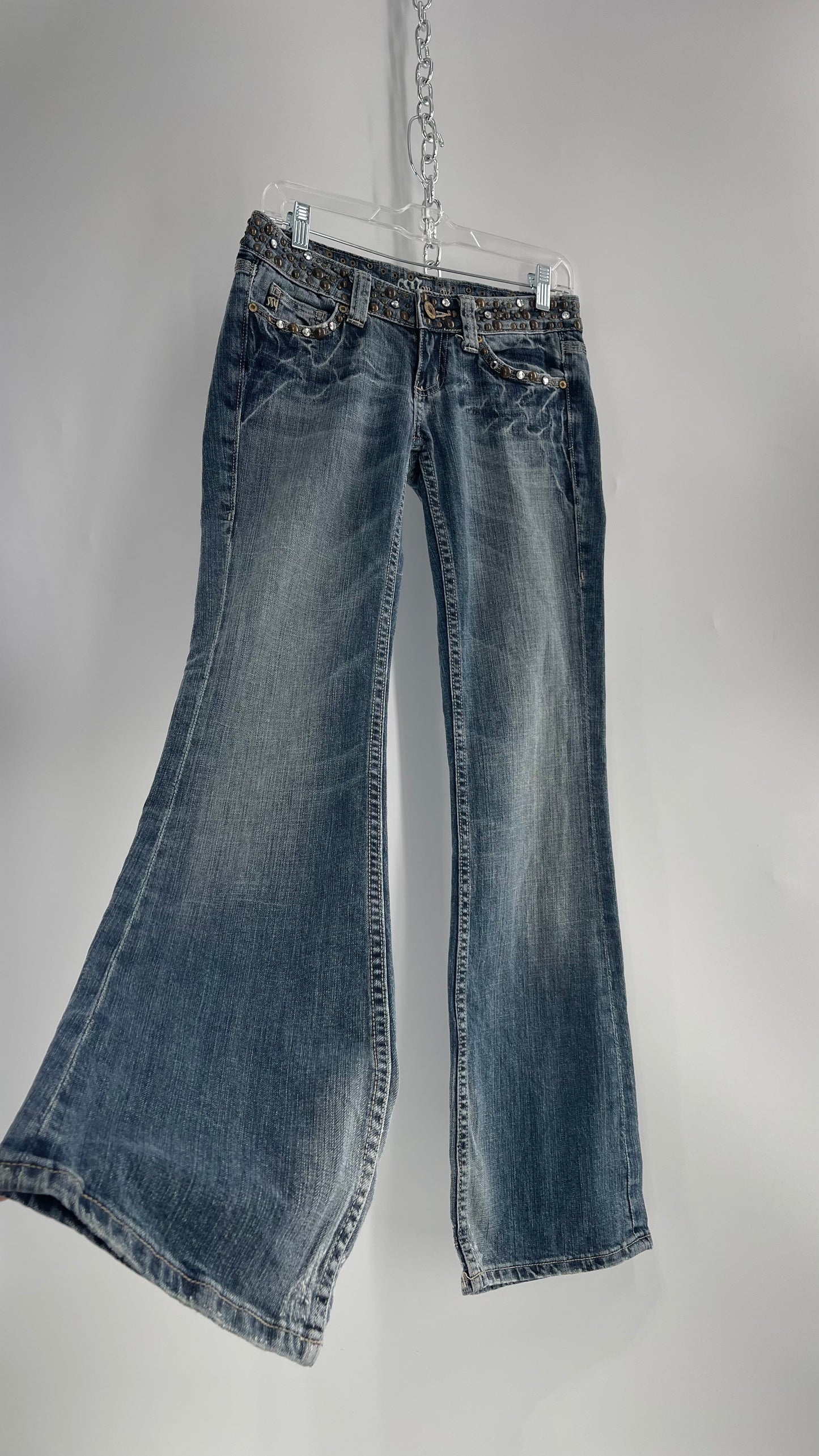 Vintage Miss Me Grainy Stone Wash Kick Flares with Studded Low Waist and Back Pockets (26)