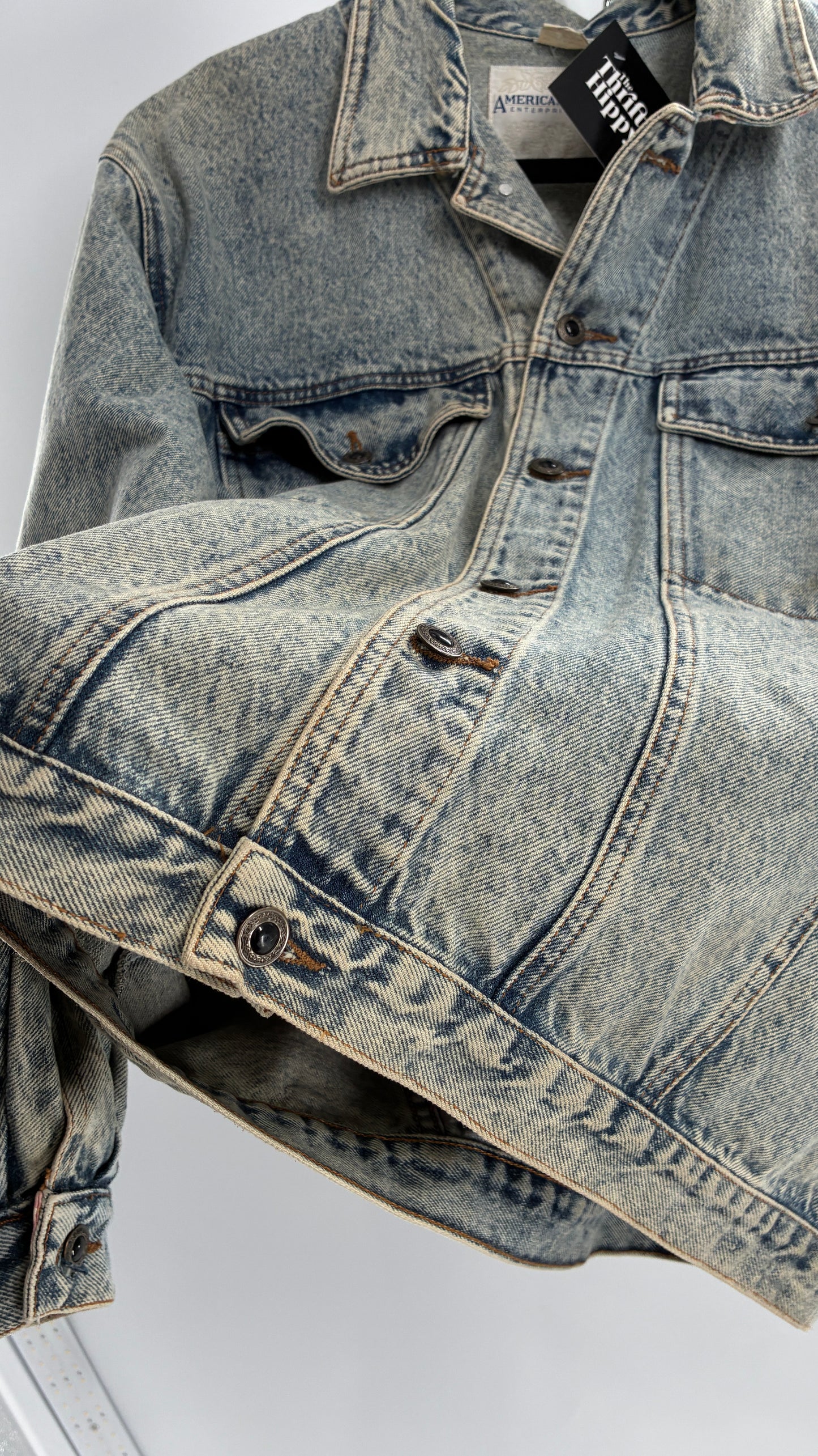 Vintage American Pacific Acid Wash Denim Jacket with Floral Patterned Cuffs (Large)
