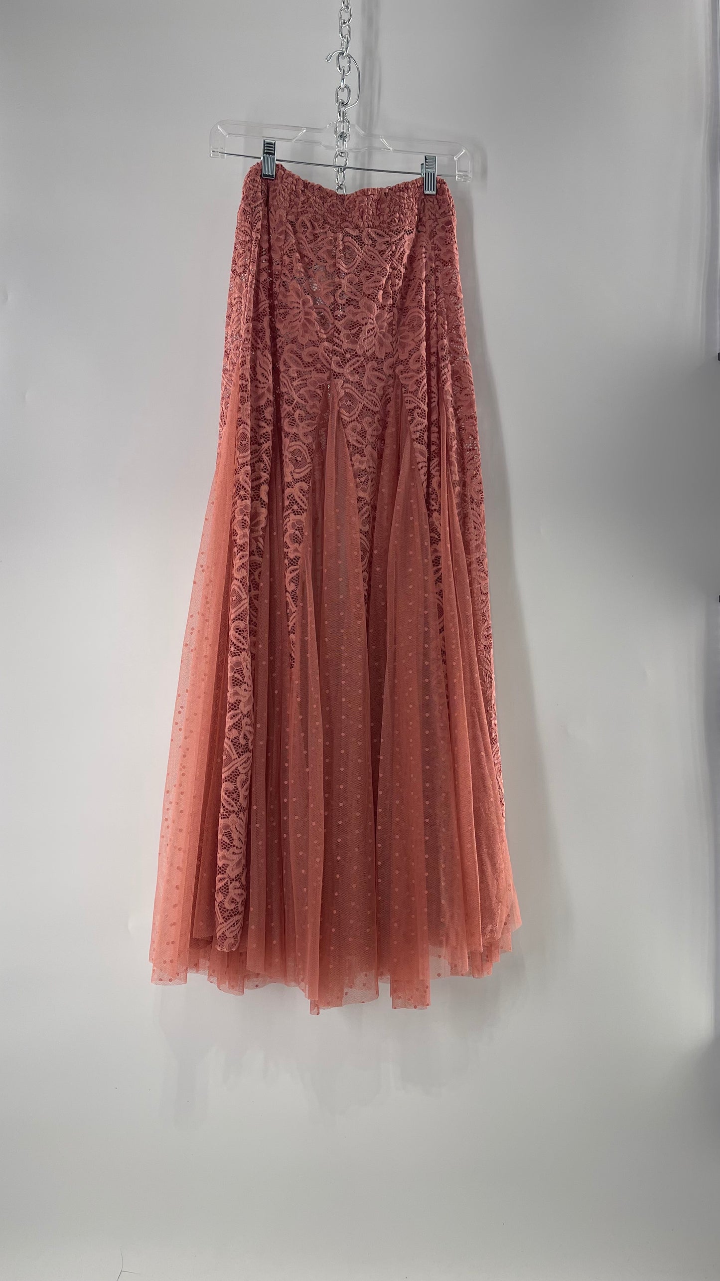 Intimately Free People Blush Pink Lace and Polka Dot Mesh Maxi Skirt (XS)