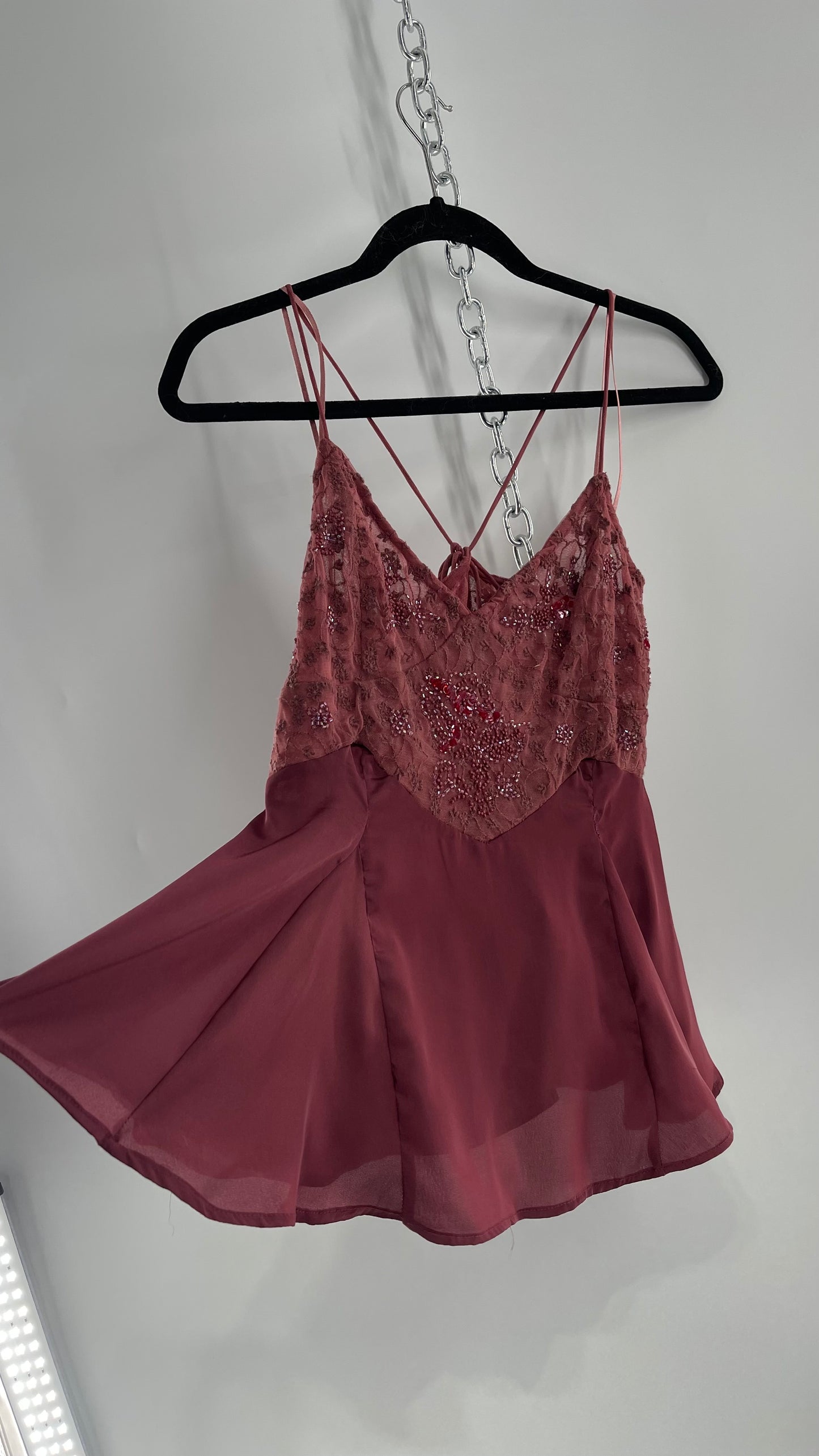 Free People Purple Beaded Bust, Lacy, Silky Fairy Tank with Extra Bead Pouch(Small)