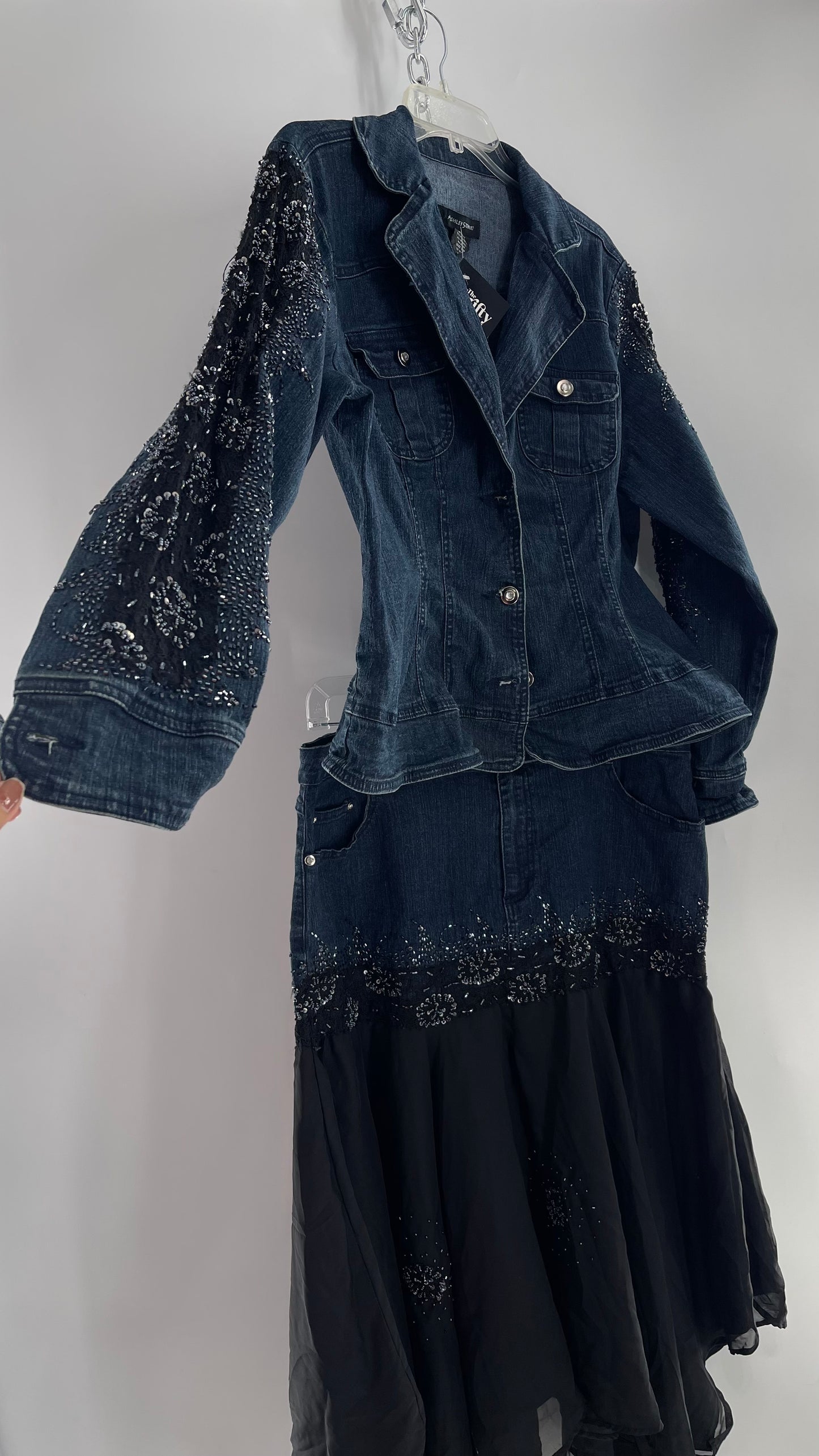 Vintage Ashley Stewart Denim Skirt and Button Up Set with Black Embroidered and Beaded Lace Details + Handkerchief Skirt (16W)