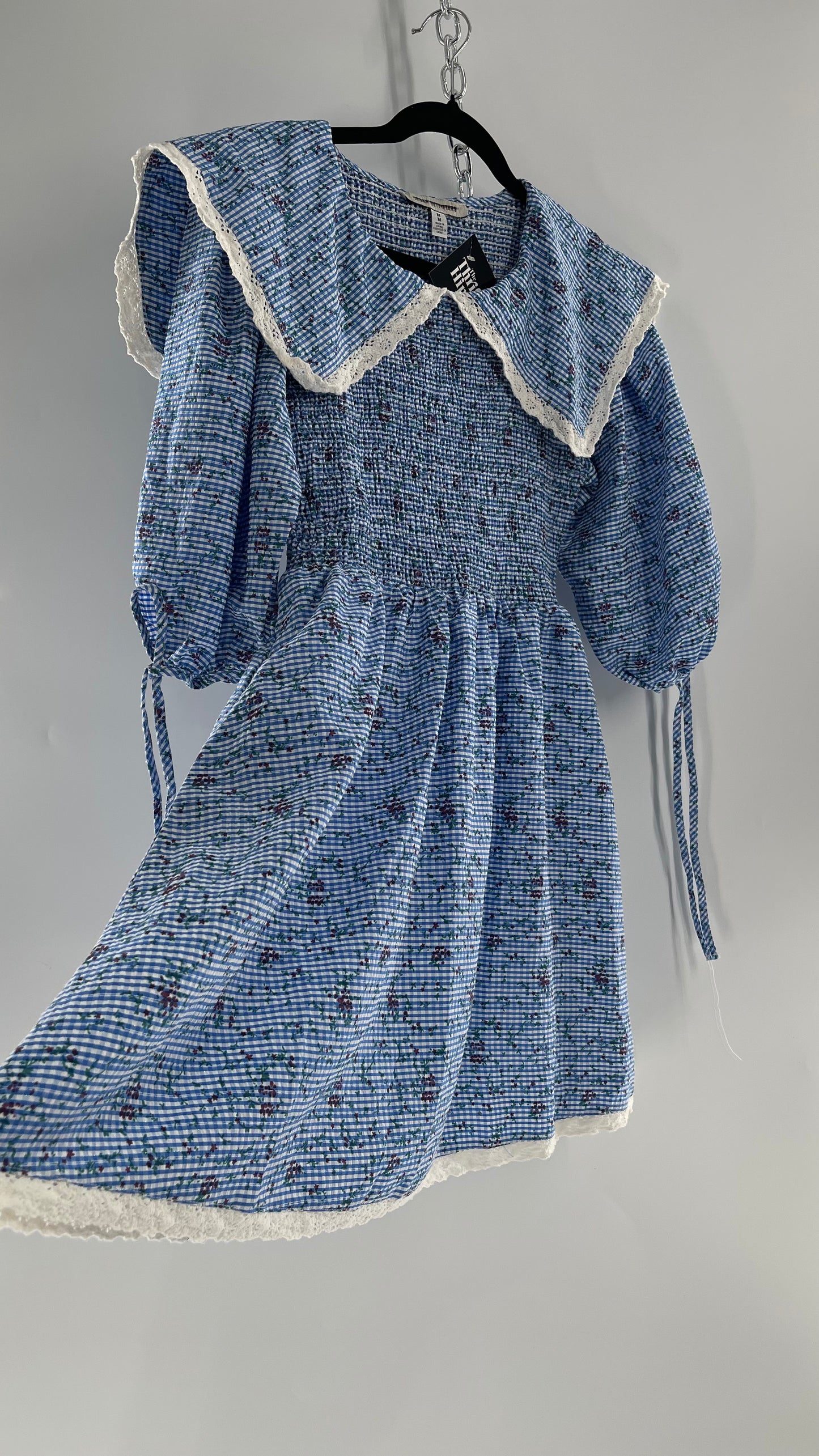 Urban Outfitters Blue Gingham Babydoll Dress with Lace Trim Collar and Smocked Bodice (Medium)