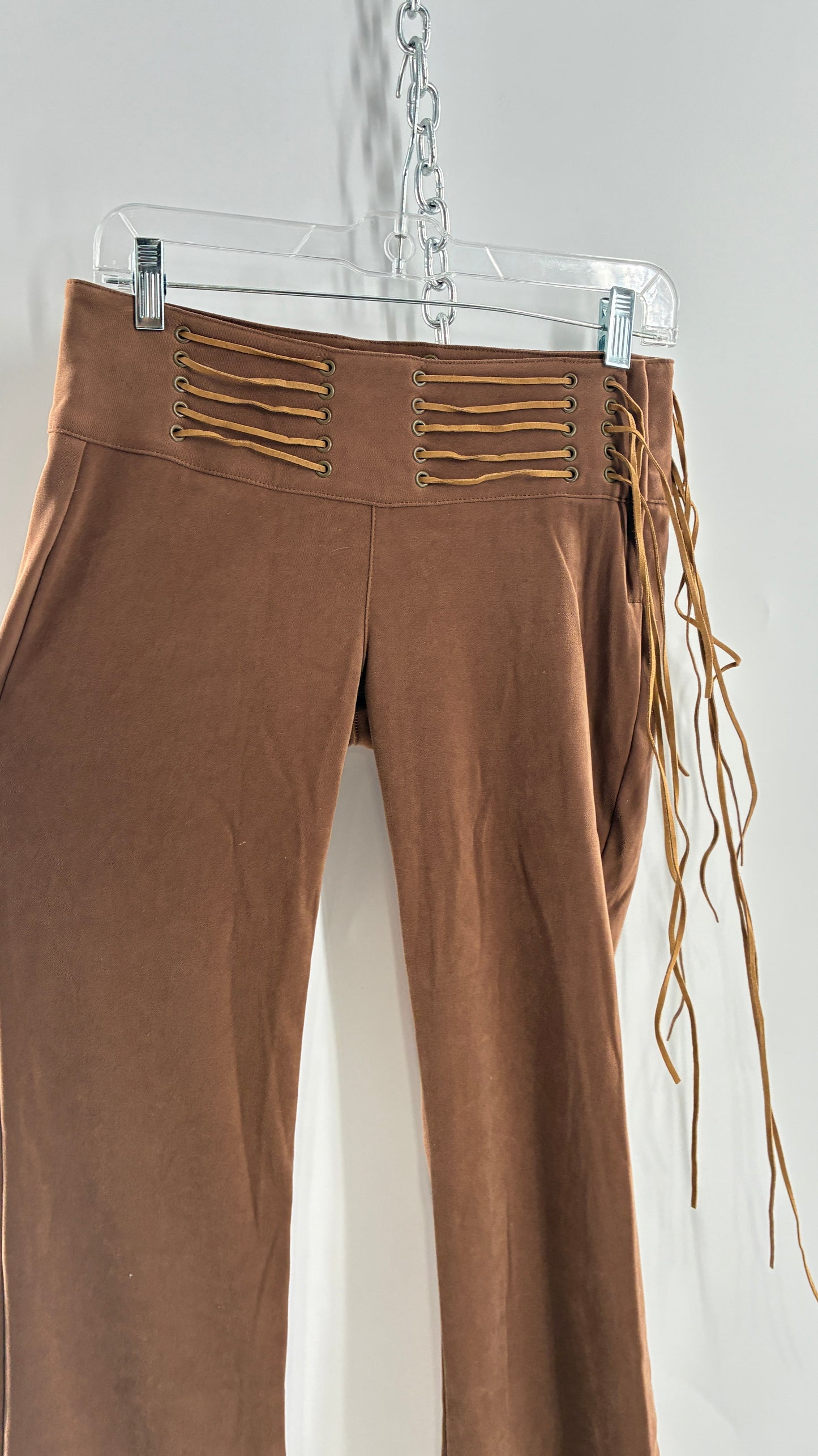 Vintage Rare L.E.I Low Rise Faux Suede Kick Flares with Wide, Thread Through Tassels Hip Band (5)