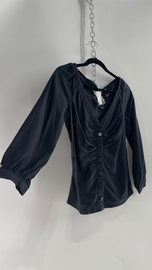 MAEVE Anthropologie Black Button Front With Balloon Sleeve (2)