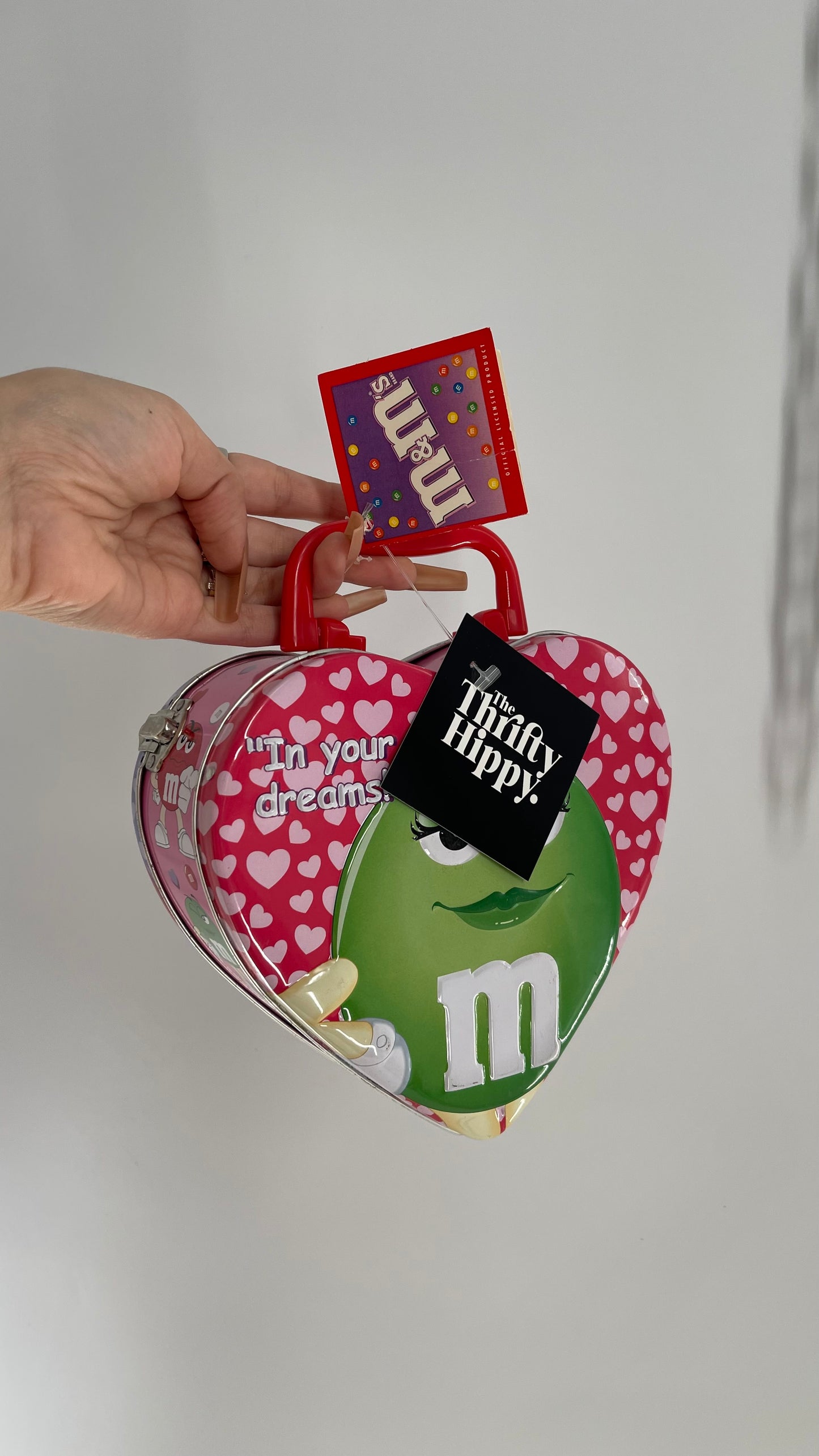 Deadstock Vintage M&M Tin Heart Shaped Lunch Box with “Be Mine” and “In Your Dreams” Embossed