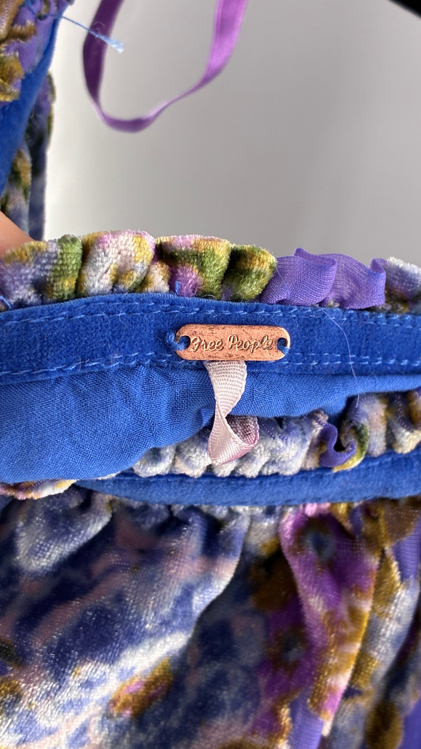 Free People Royal Blue Velour Floral and Bow Puff Sleeve Babydoll Mini Dress (XS)