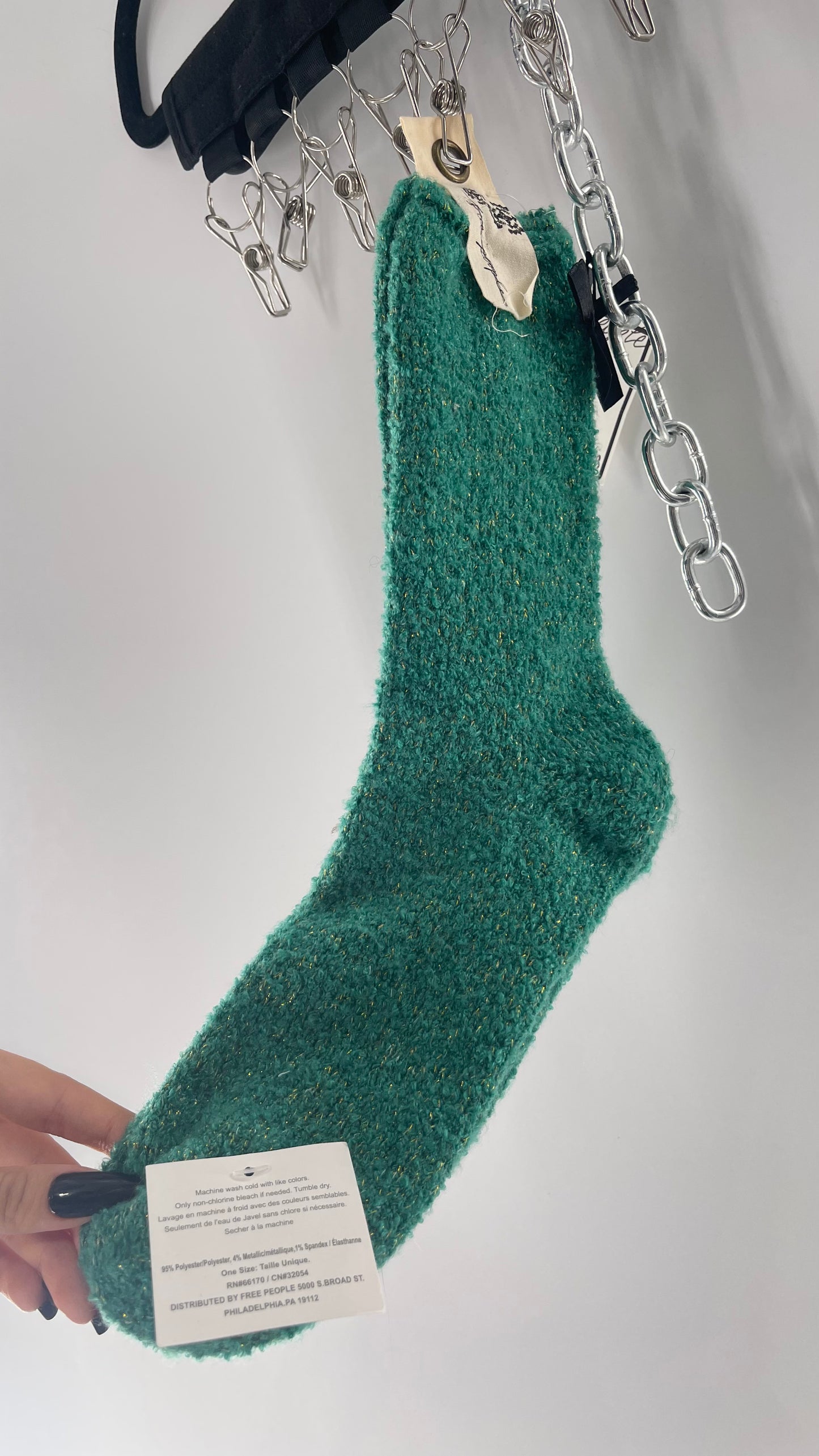 Free People Festive Green Socks with Gold Tinsel and Black Satin Bow Detail