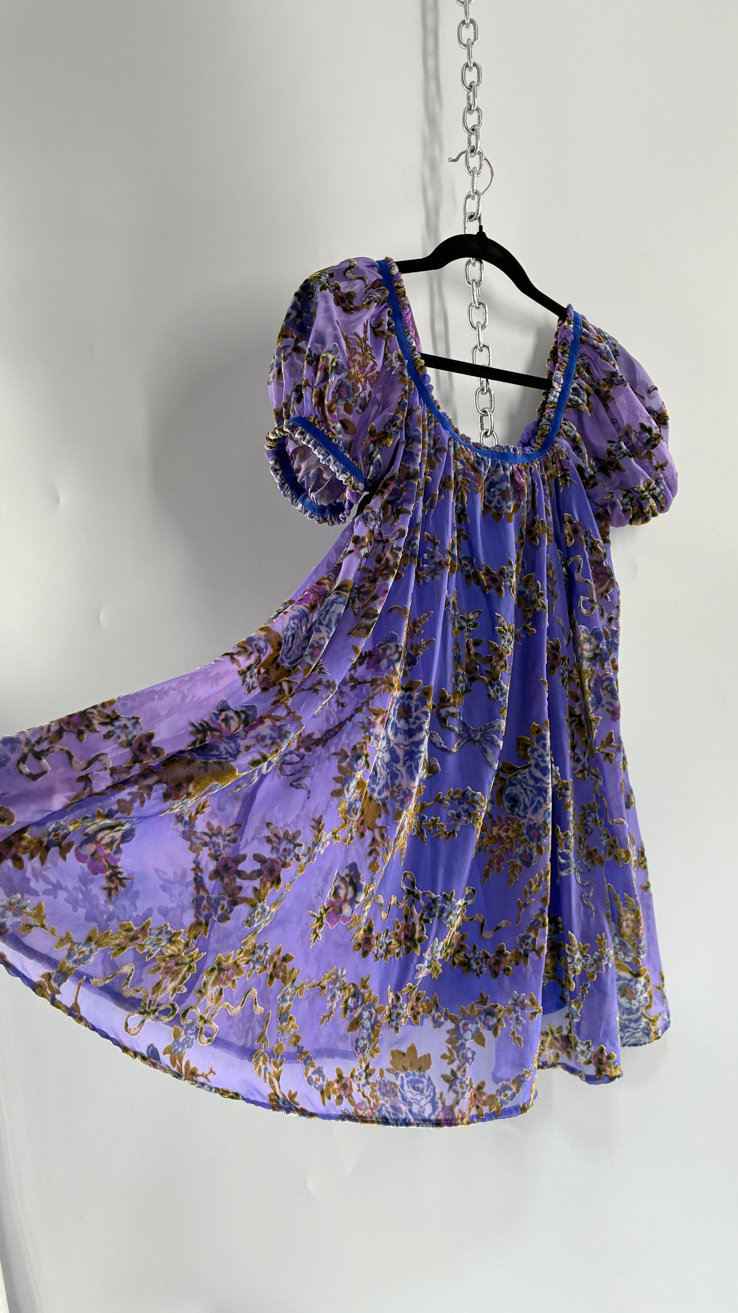 Free People Royal Blue Velour Floral and Bow Puff Sleeve Babydoll Mini Dress (XS)