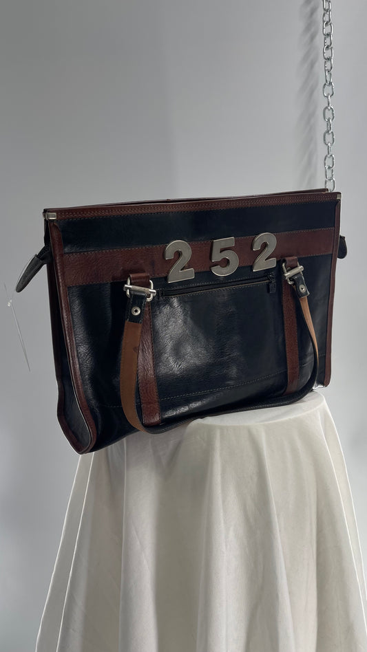 Vintage Black and Brown Leather Handbag with Metal Number 252 Detailing