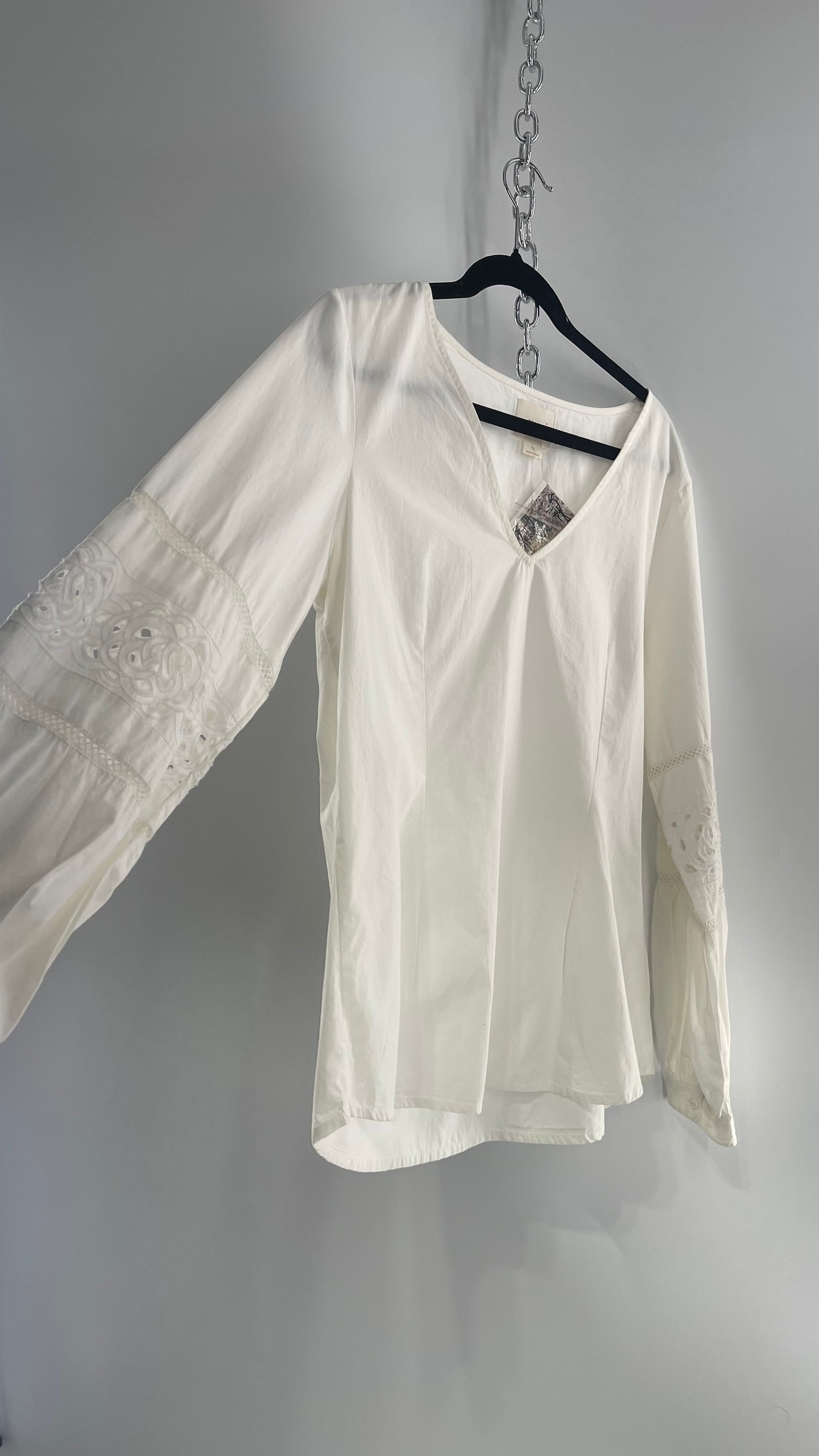 Maeve Anthropologie White 100% Cotton Blouse with Balloon Sleeves, Eyelet Lace, and Armpit Zipper (12)