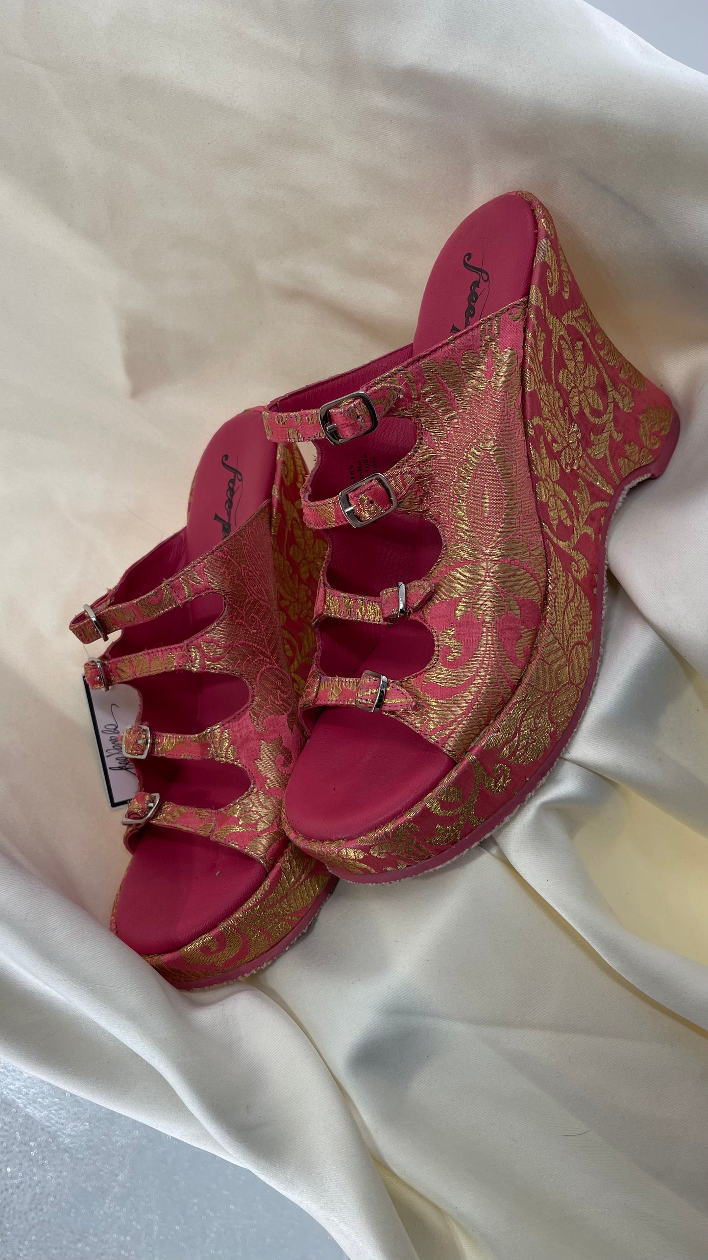 Free People Hot Pink Hoffman Buckle Front Wedge Heels with Satin Gold Paisley/Brocade Pattern (37)