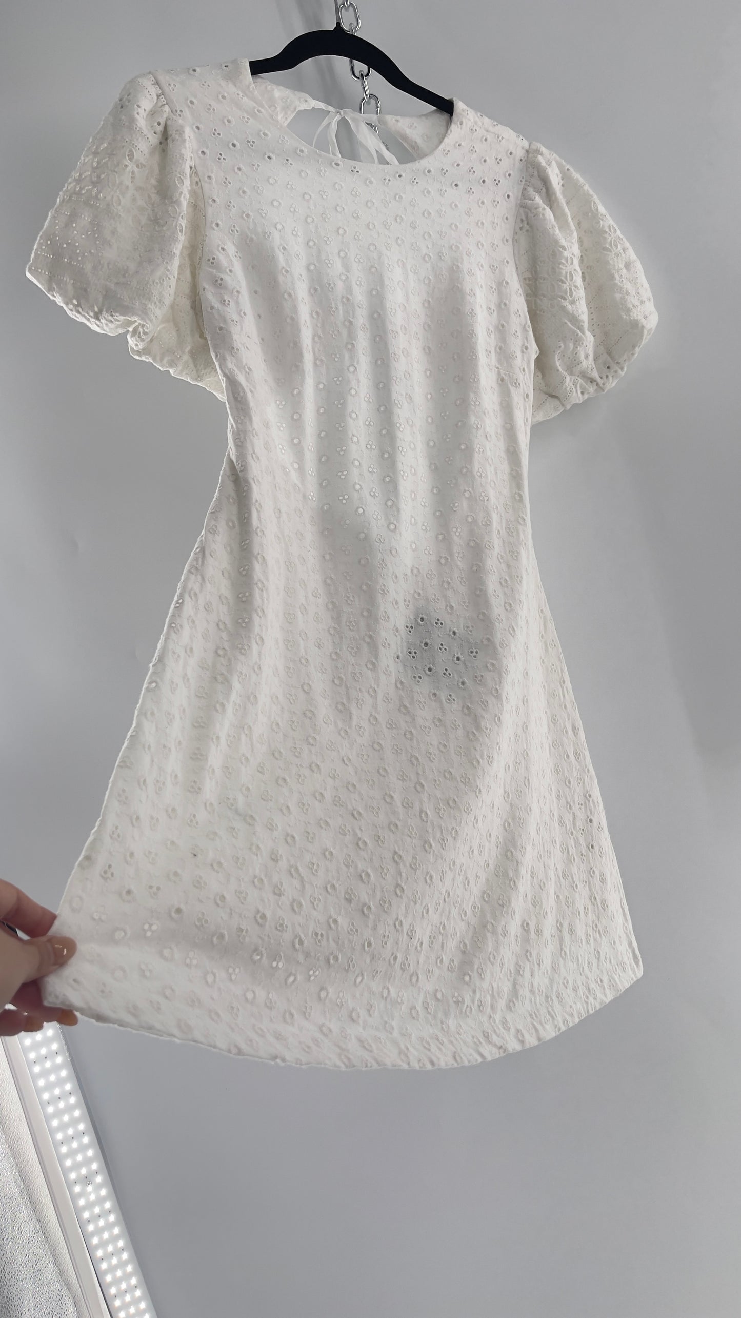 Free People White Eyelet Mini Dress with Puff Sleeve and Open Back (XS)