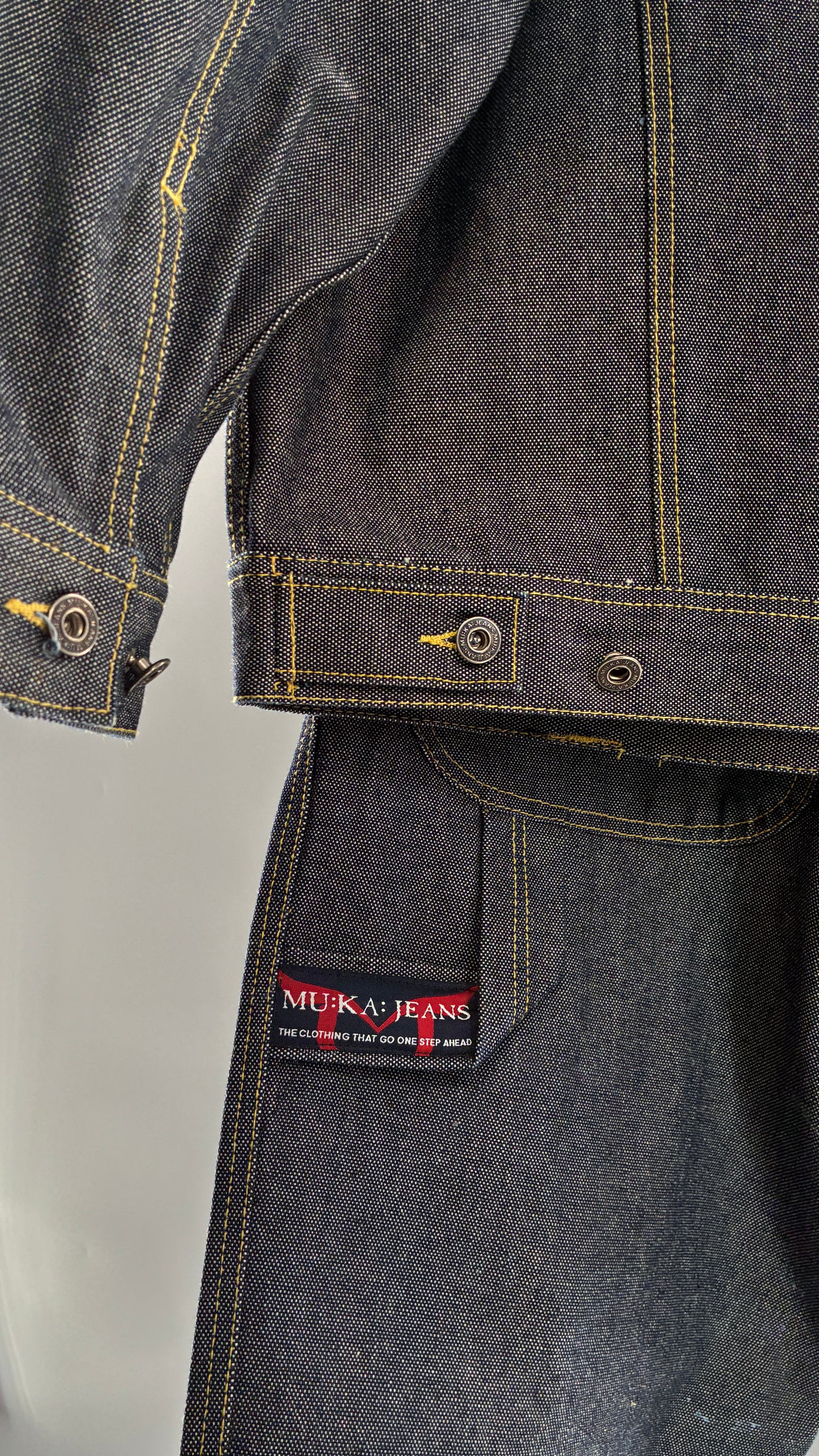 Vintage 1990s MU:KA: JEANS Men’s Dark Wash Japanese Style Denim Baggy Straight Legs and Oversized Jacket Set (L, 32x32)