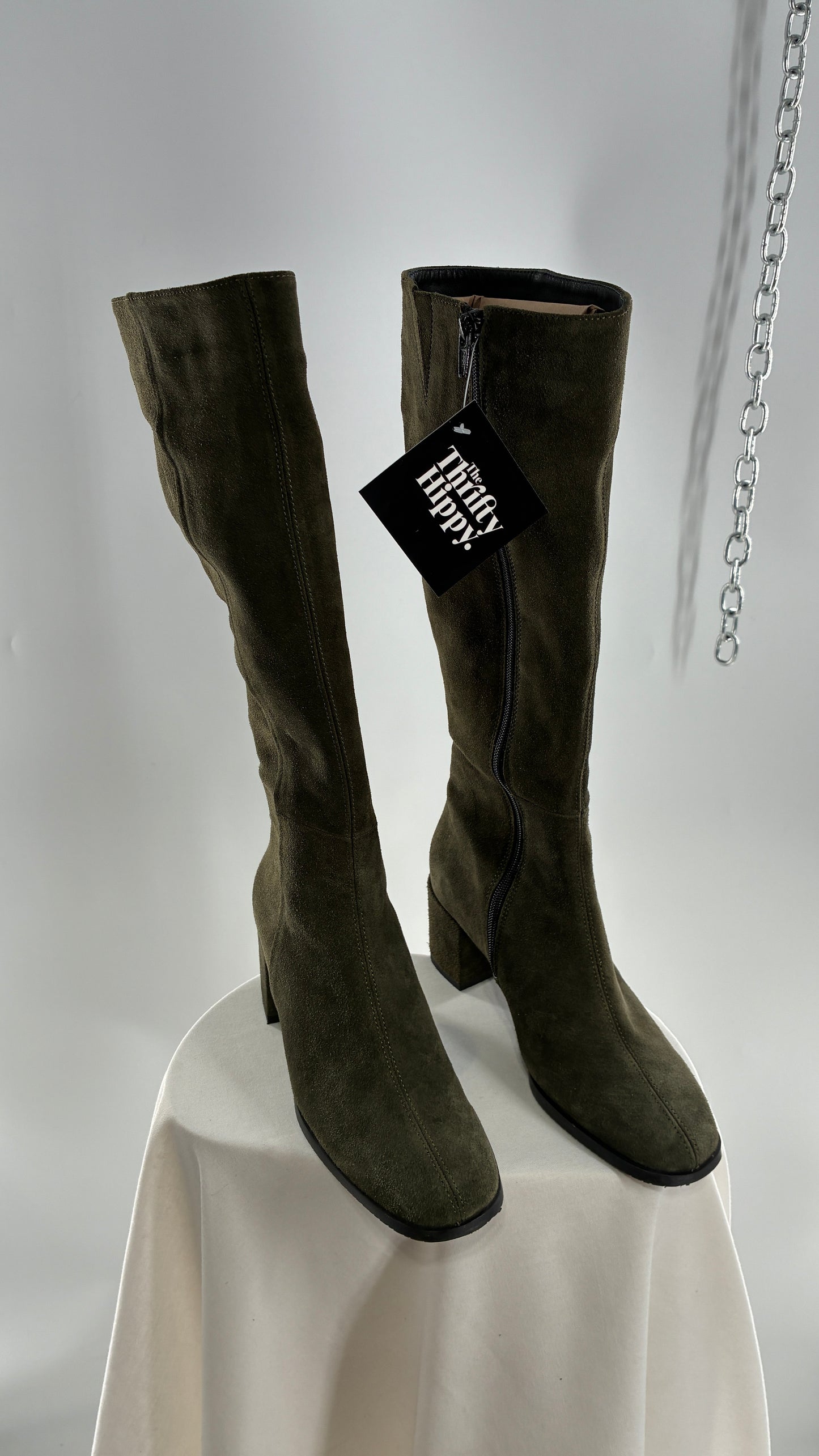 Vintage ERIC MICHAEL Olive Green Suede Boots Square Toe Knee High Boots (36)