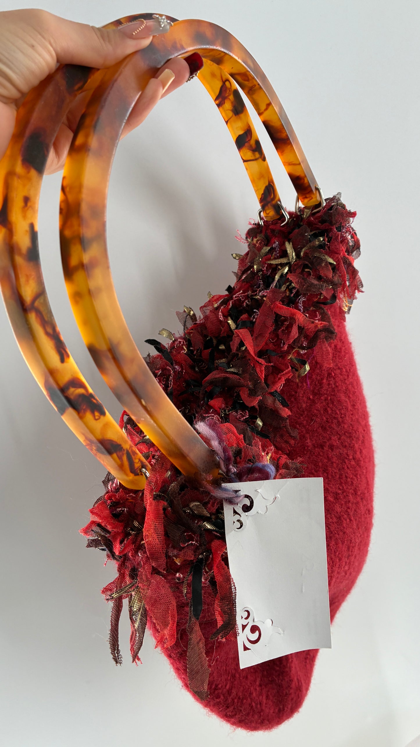 Vintage Handmade Handwoven Red Bag with Tags, Fringe Detailing and Tortoise Shell Handle