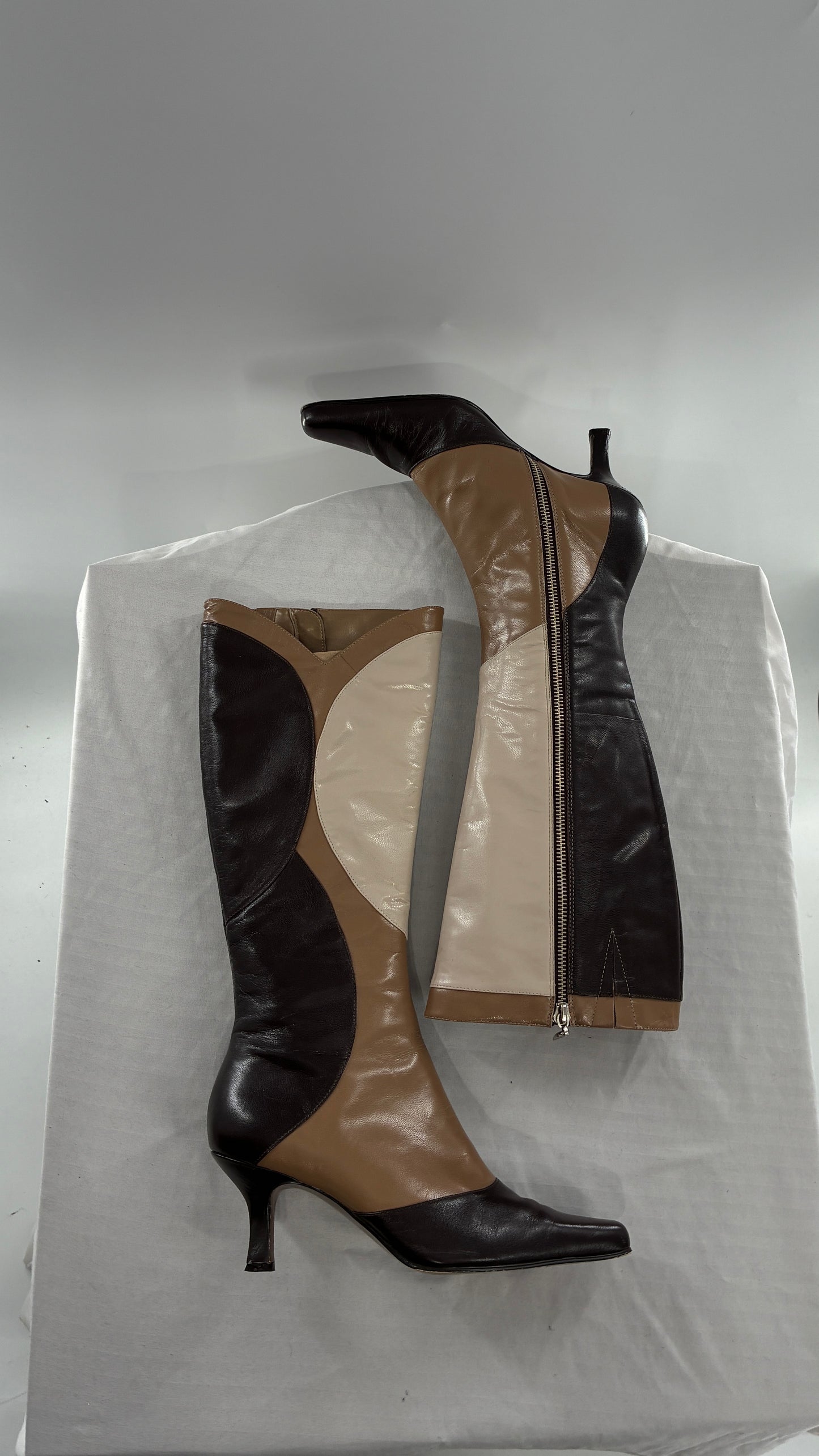 Vintage ANN MARINO Knee High Pointed Toe Abstract Patchwork Boots (6.5)