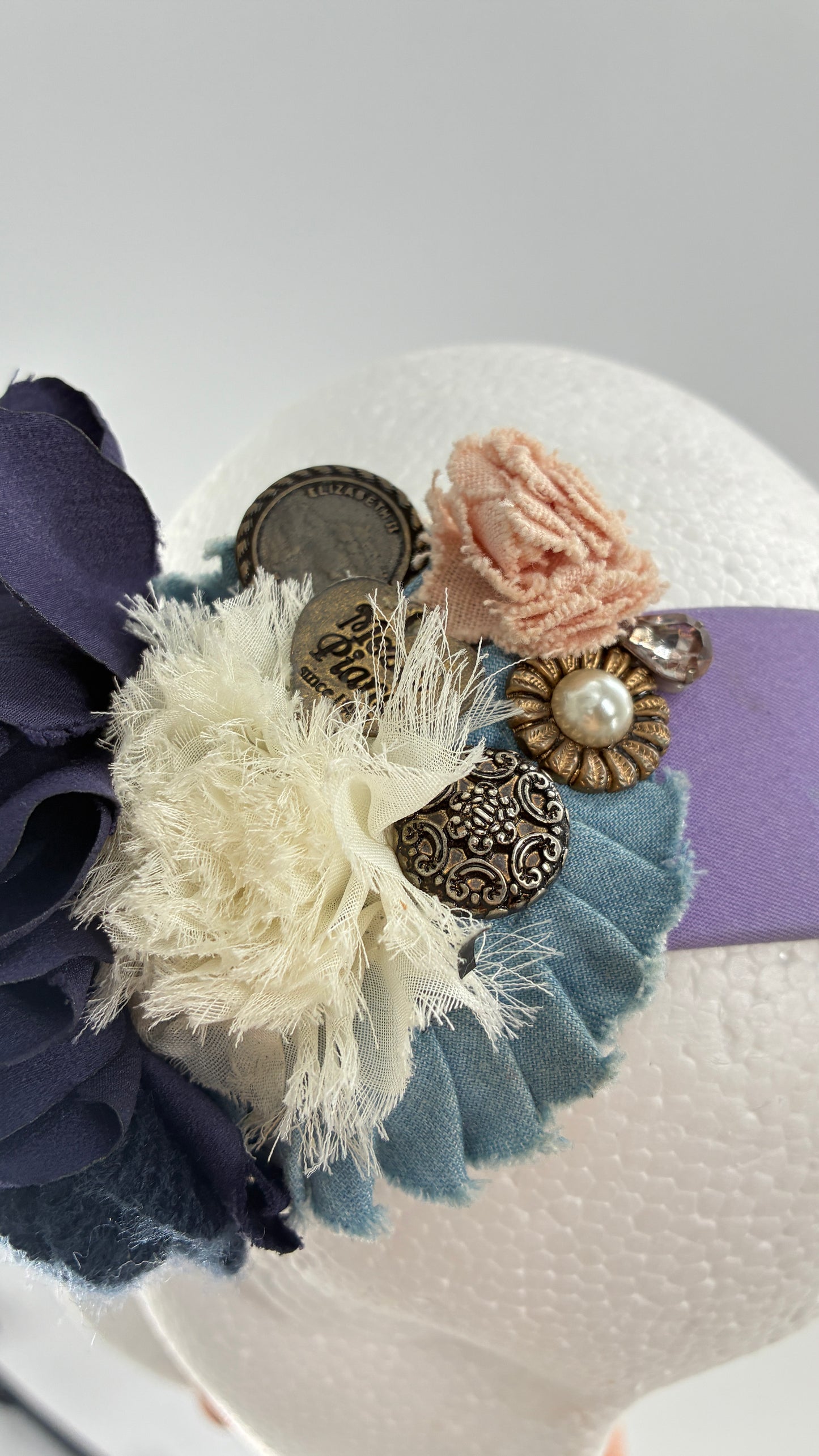 Vintage FARMER Handmade Lilac Headband with Purple Ribbon,  Pleated, Floral, and Gemstone Appliqués