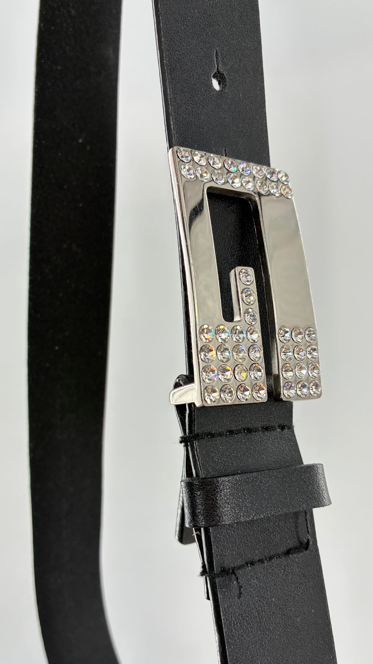Vintage GUESS Black Leather Belt with Iconic Rhinestone Buckle (Small)