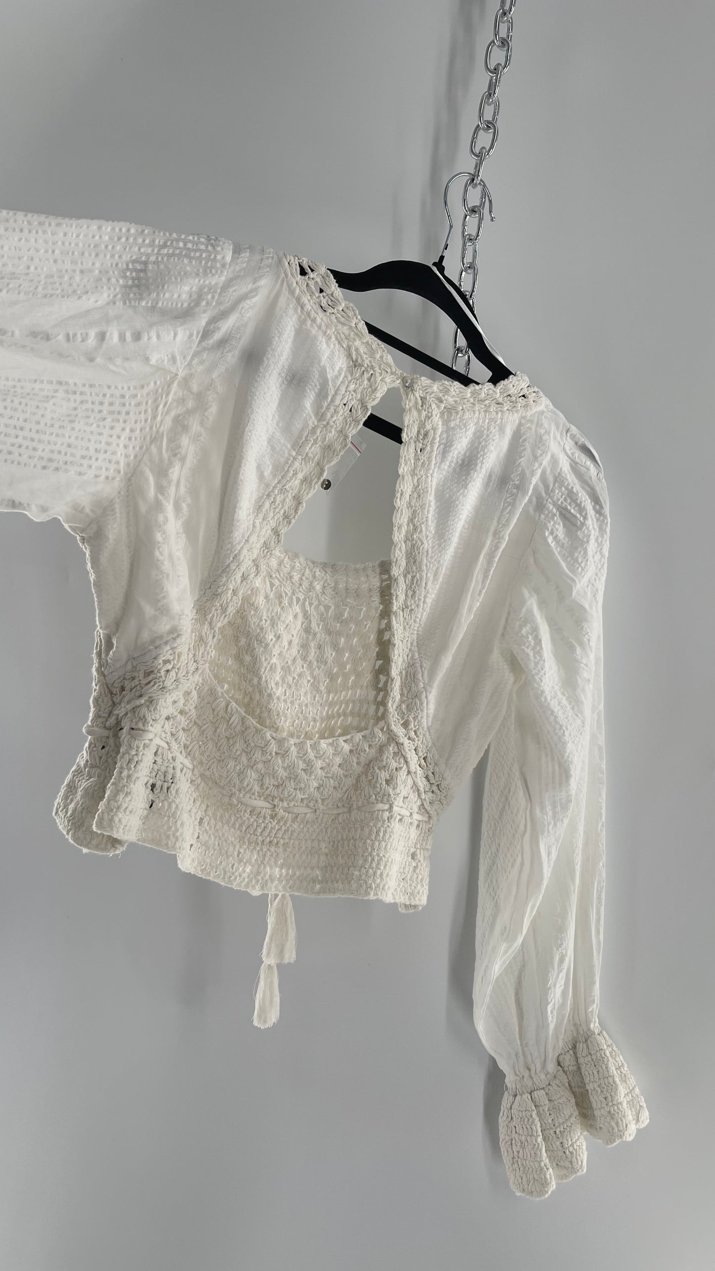 Free People White Megan Blouse with Crochet Knit Bodice and Open Back (XS)