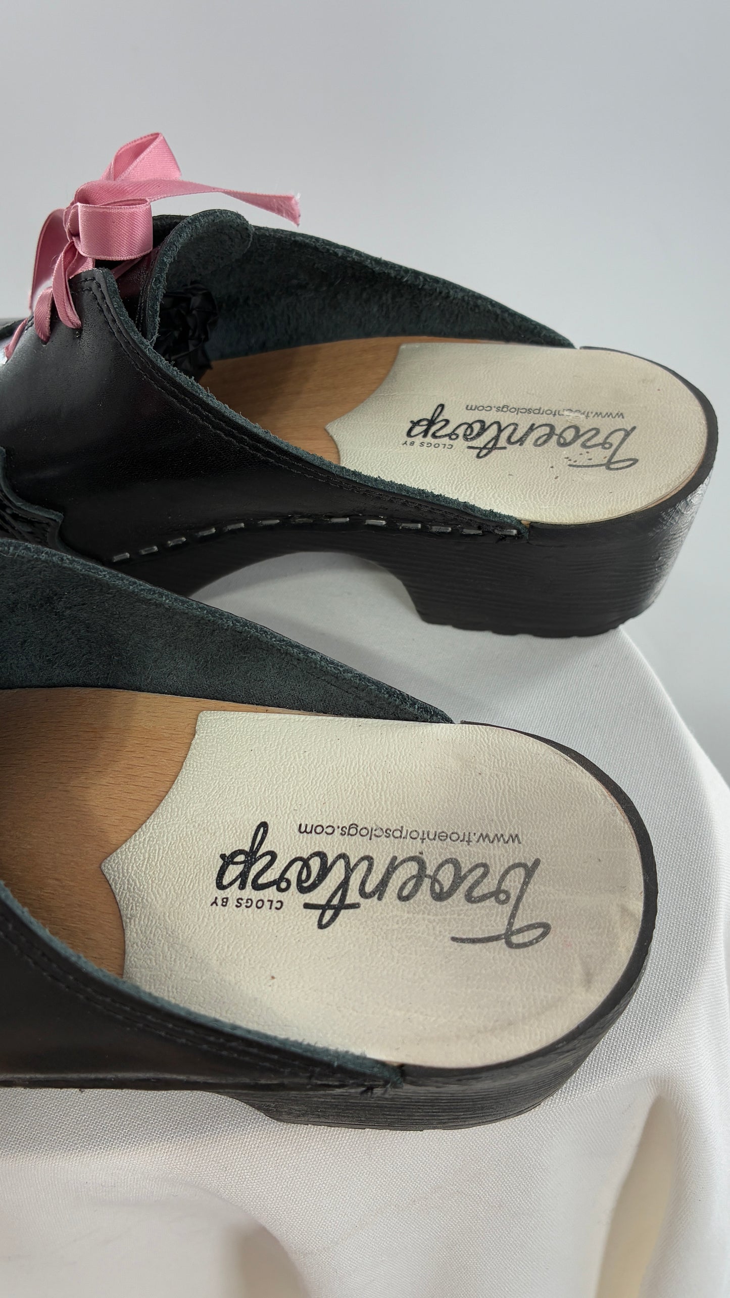 Vintage 1970s TROENTORPS Black Patent Leather Clogs with Ribbon Tie Detail (38)