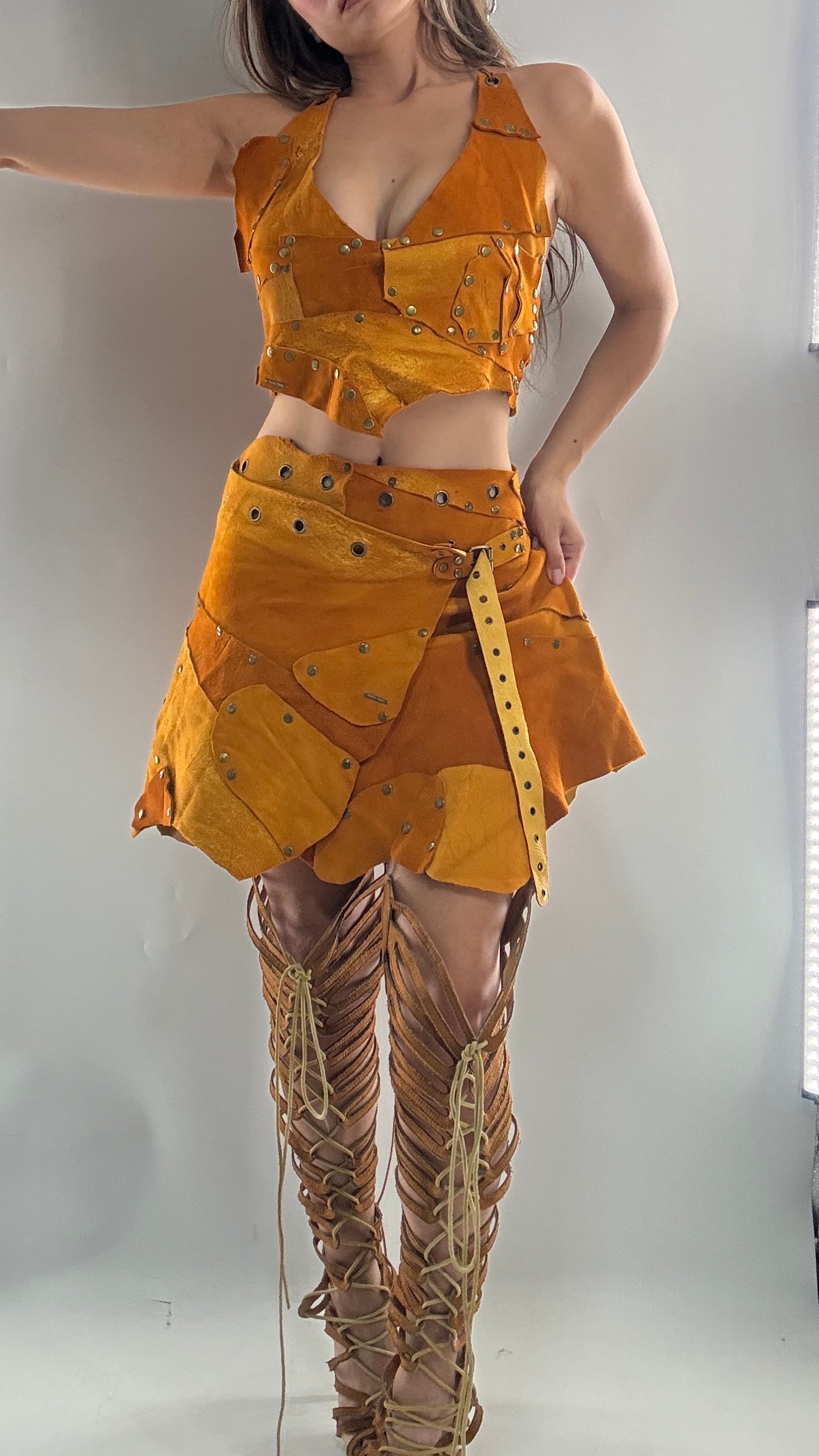 Handmade 1 of 1 and Pressed Genuine Suede and Pebbled Leather Reversible Corset Top and Grommet Skirt Set (XS-M)