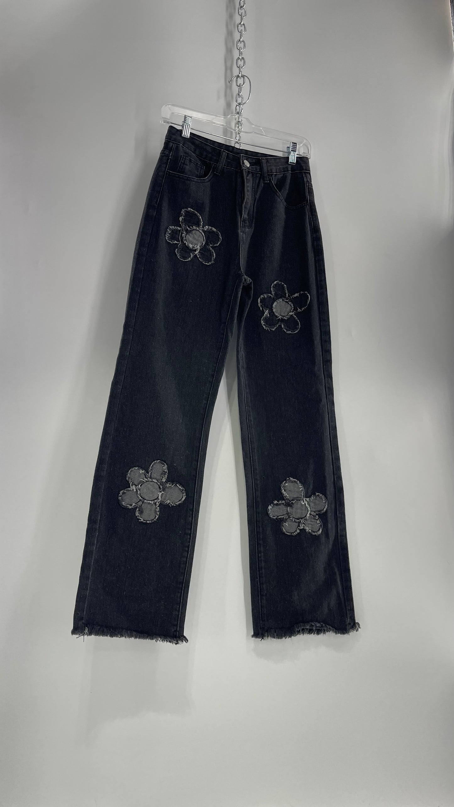 Gray Kickflare Jeans with Distressed Flower Patches (XS)