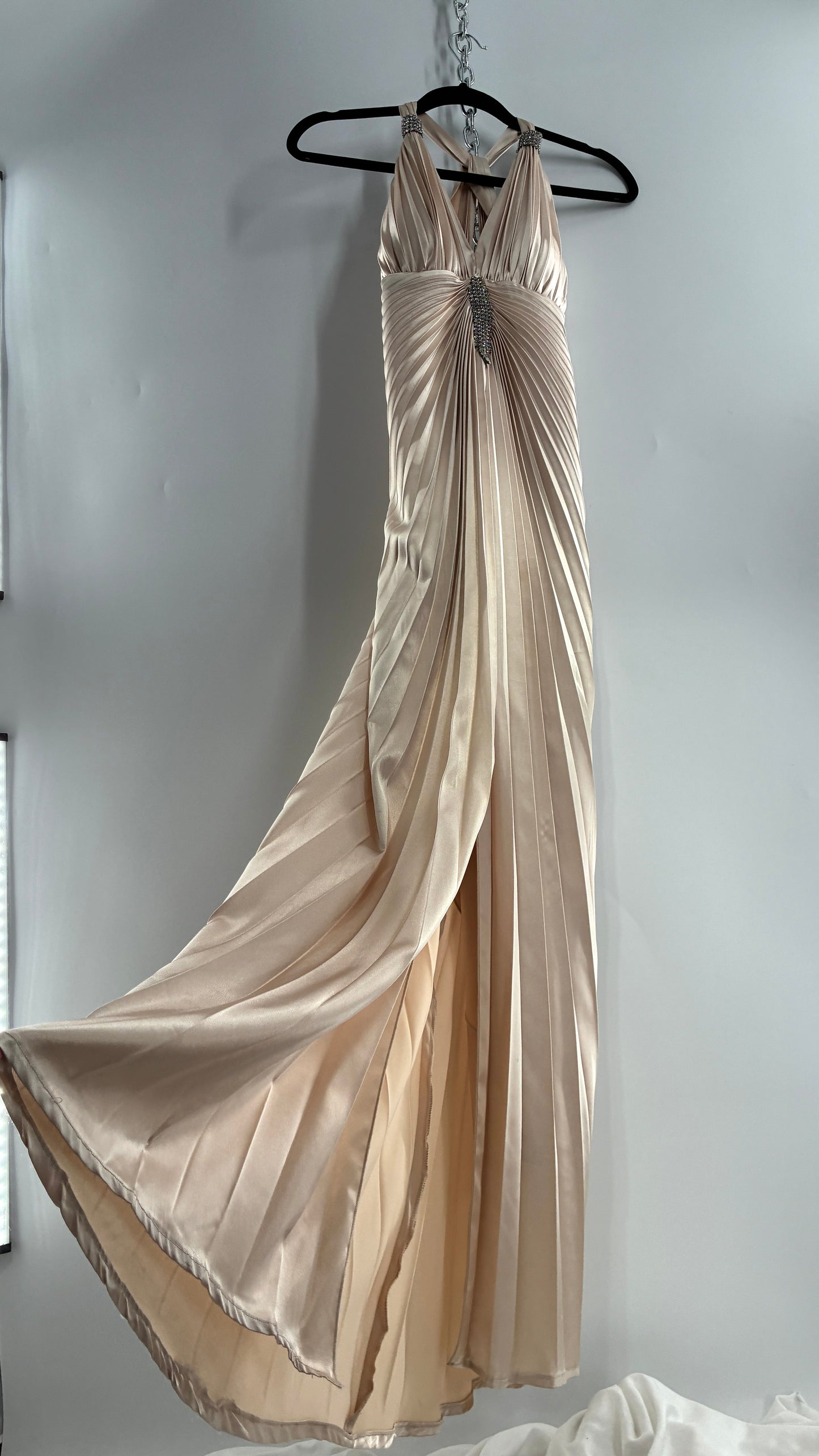 Vintage ISSUE Pleated Champagne Gown with Vented Slit Front, Crystal Bust Appliqué and Strap Cuffs (2)