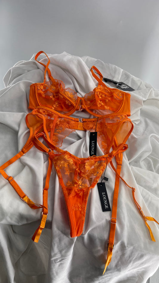 LOUNGE Orange Ava Bra, Garter and Panty Set with Tags Attached (32C, XS)