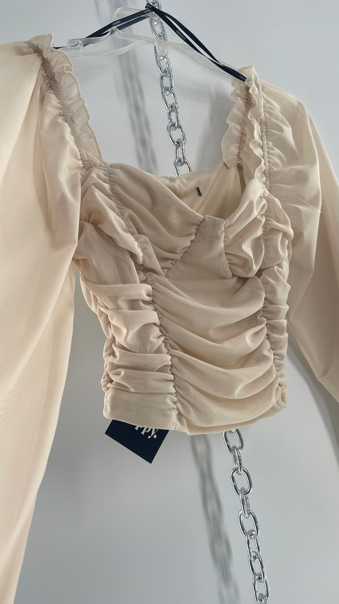 Beige Ruched Corseted Balloon Sleeve Blouse (Small)