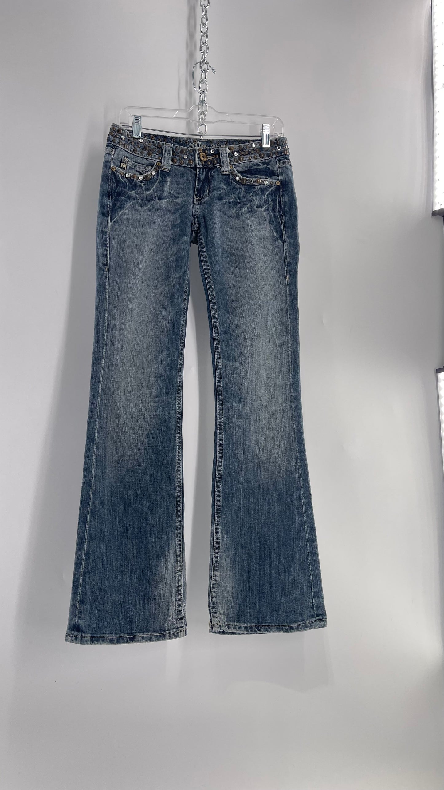 Vintage Miss Me Grainy Stone Wash Kick Flares with Studded Low Waist and Back Pockets (26)