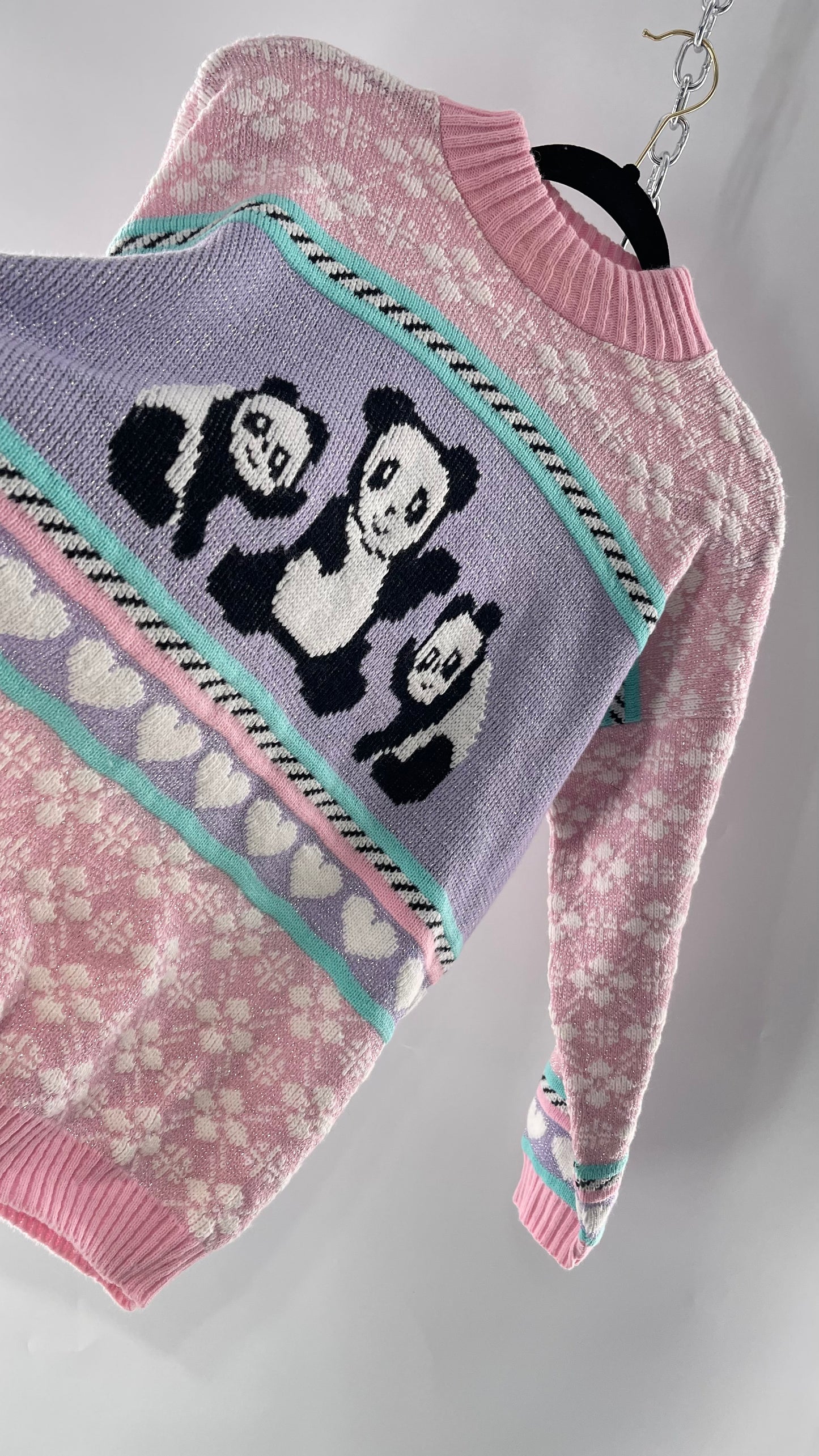 RARE 80s Vintage Adele Pastel Pink, Purple, Mint Silver Tinsel Sweater with Anime/Manga Art Style Pandas (Medium)
