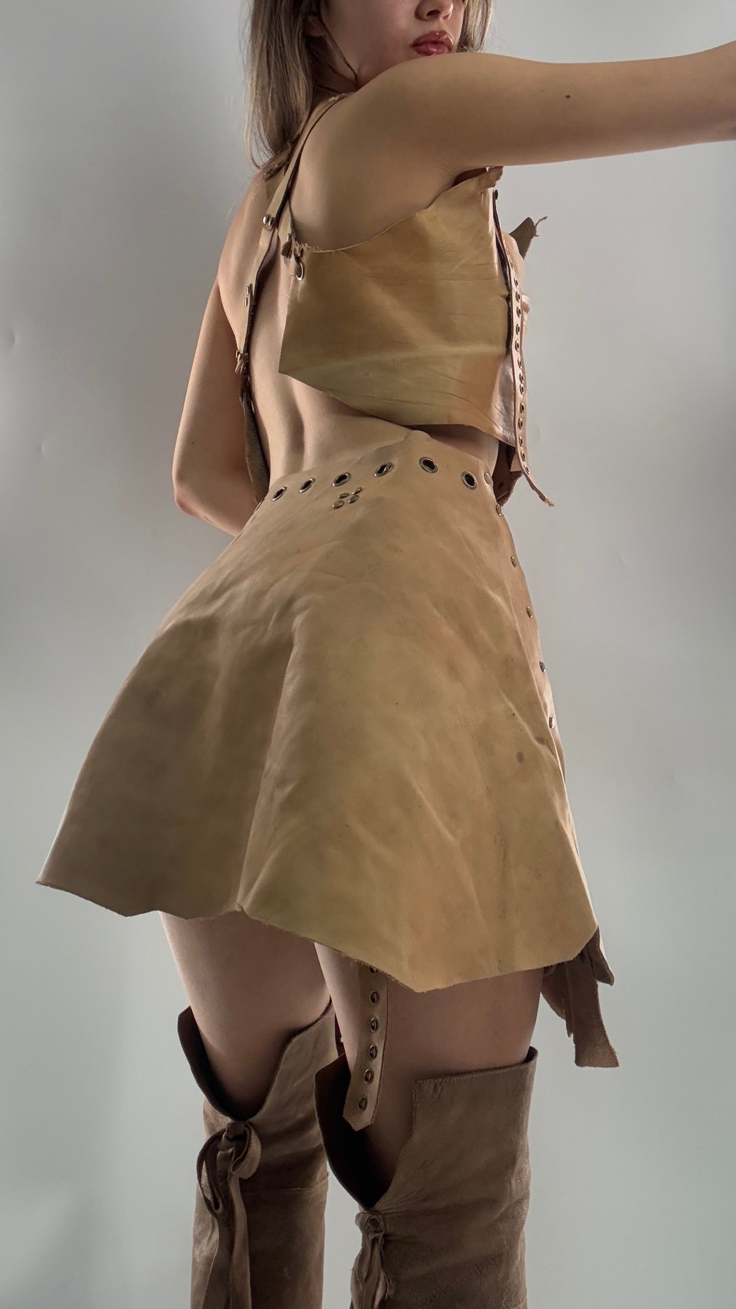 CUSTOM Handmade Rugged and Reversible Distressed Leather Two Piece Set with Grommet Waistband (XS-XL)