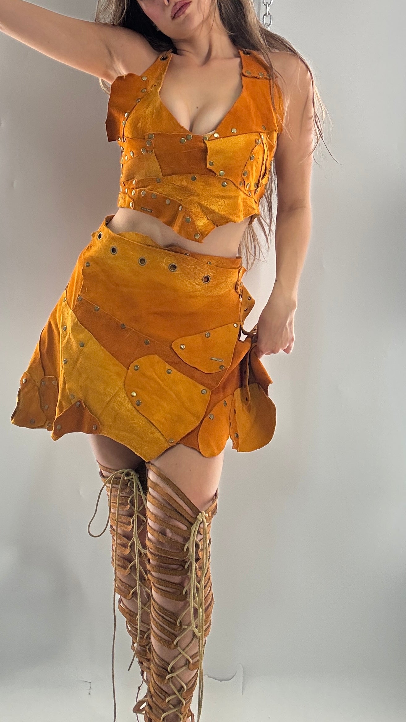 Handmade 1 of 1 and Pressed Genuine Suede and Pebbled Leather Reversible Corset Top and Grommet Skirt Set (XS-M)