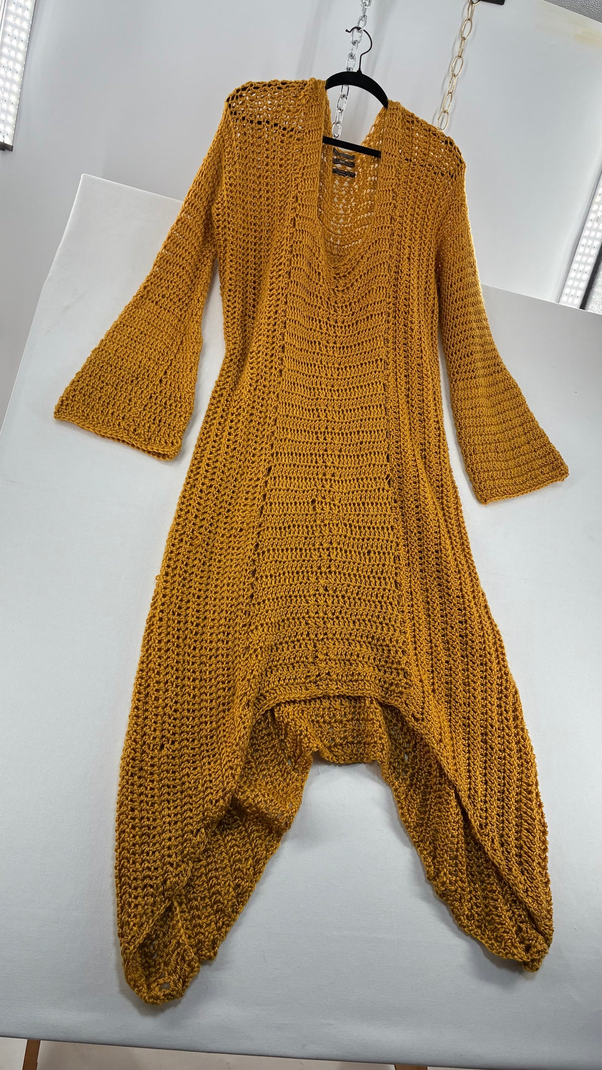 Vintage AUDRIE DESIGNS Mustard Crochet Bell Sleeve Duster Sweater Gown, Hand Knit  (OS)
