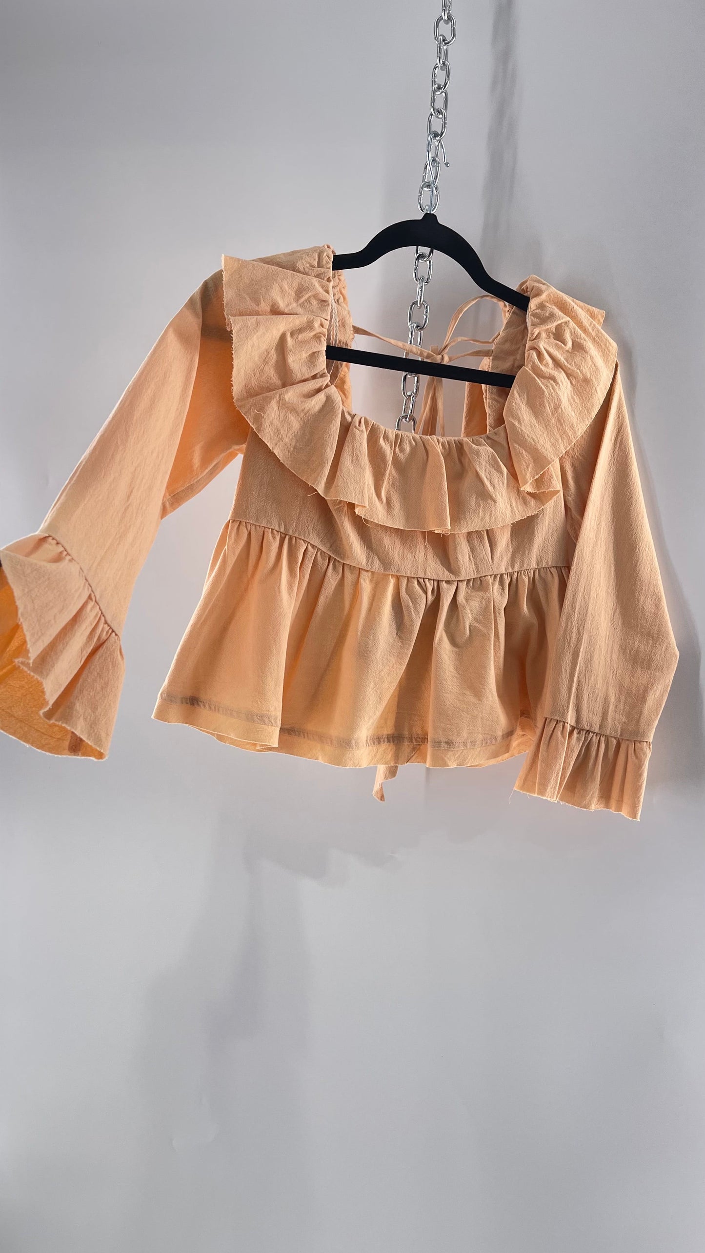 Free People Pumpkin Light Orange Backless Bow Back Cropped Blouse with Ruffle Sleeve and Neckline (XS)