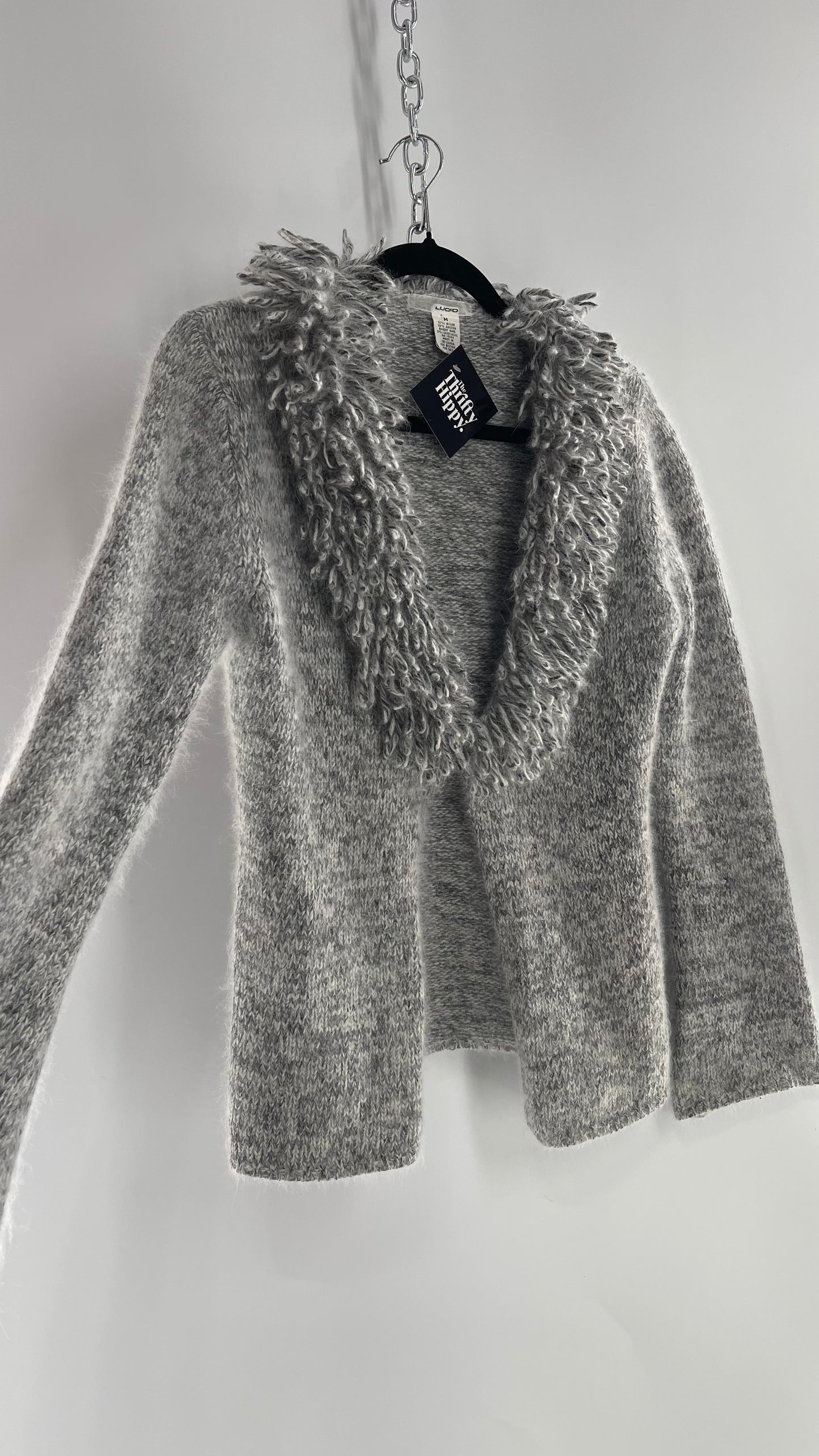 IJJCID Vintage Grey Soft Cardigan with Shaggy Collar 38% Rabbit Angora 5% Lamb Wool (Medium)