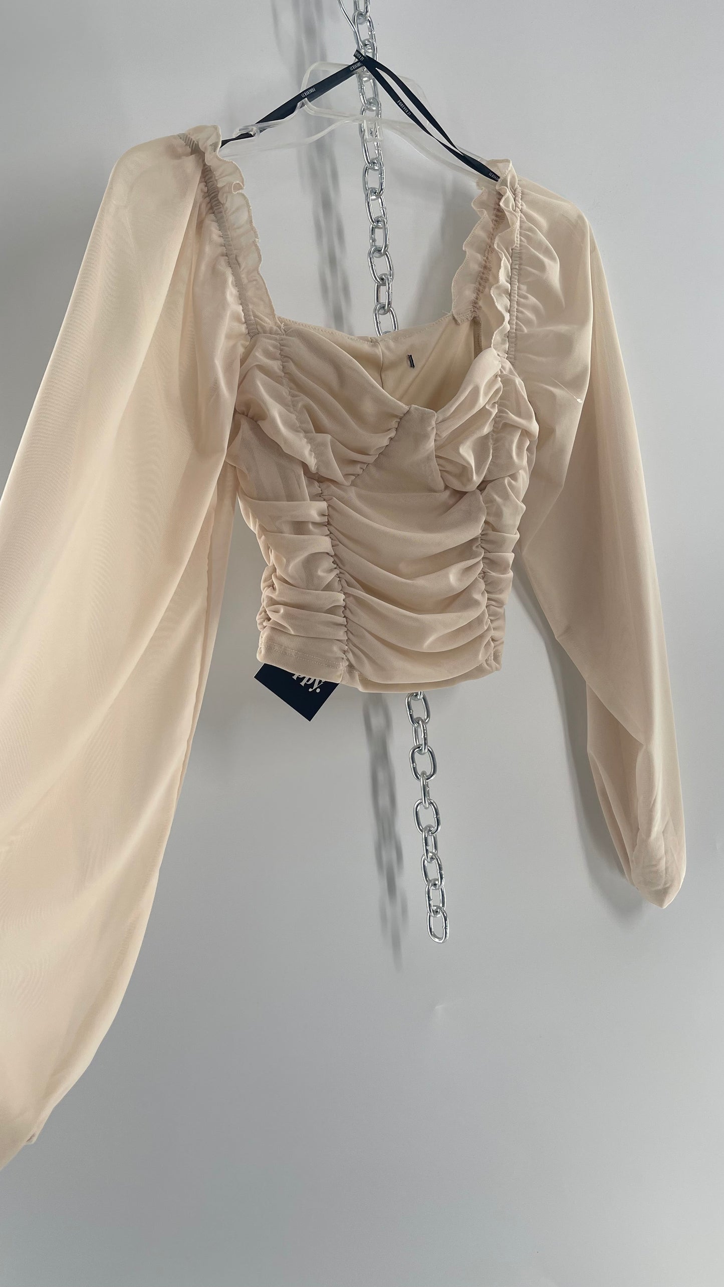 Beige Ruched Corseted Balloon Sleeve Blouse (Small)