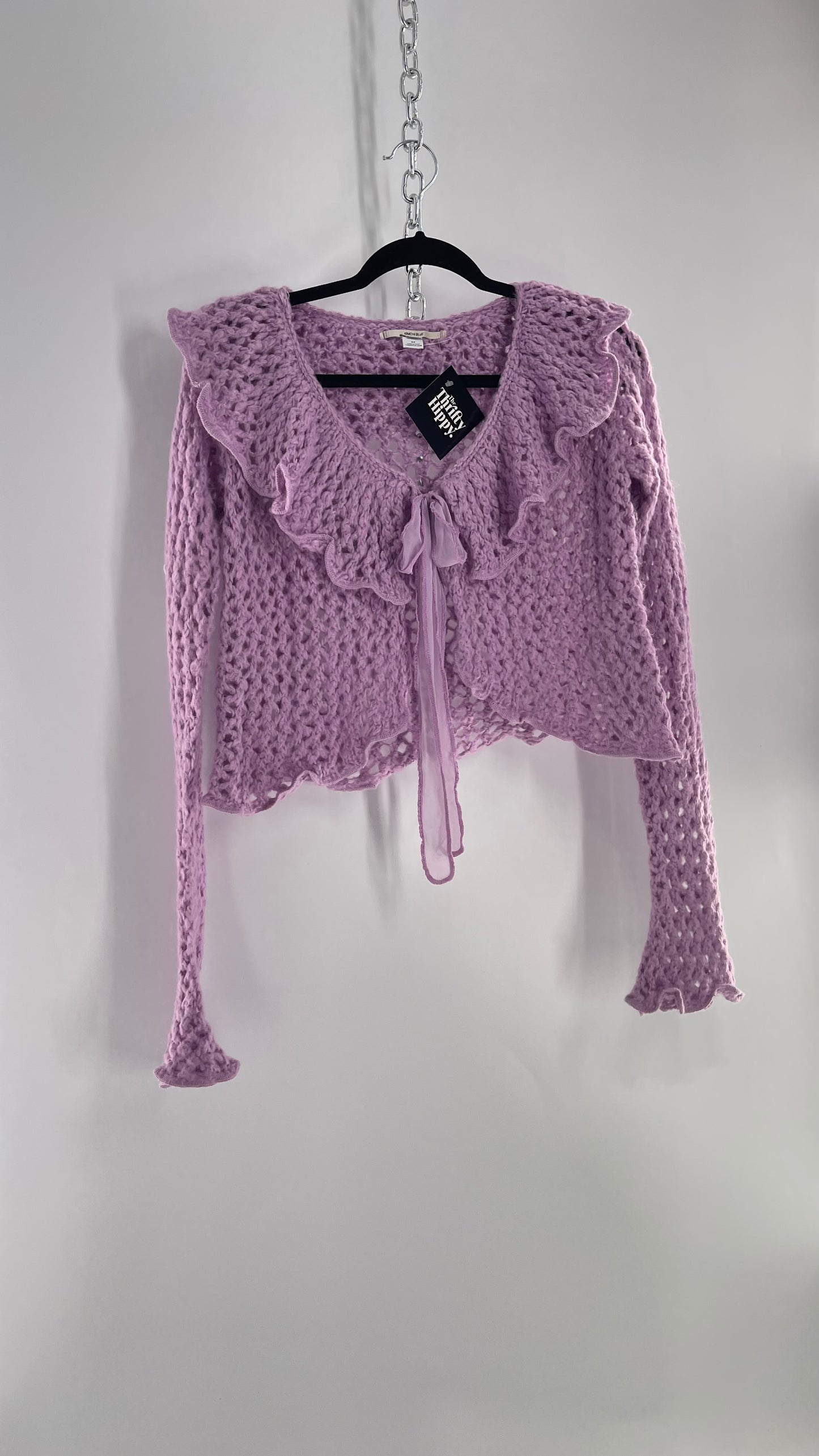 KIMCHI BLUE Lavender/Lilac Open Knit Cardigan with Ruffled Neckline and Tie Bust (Small)