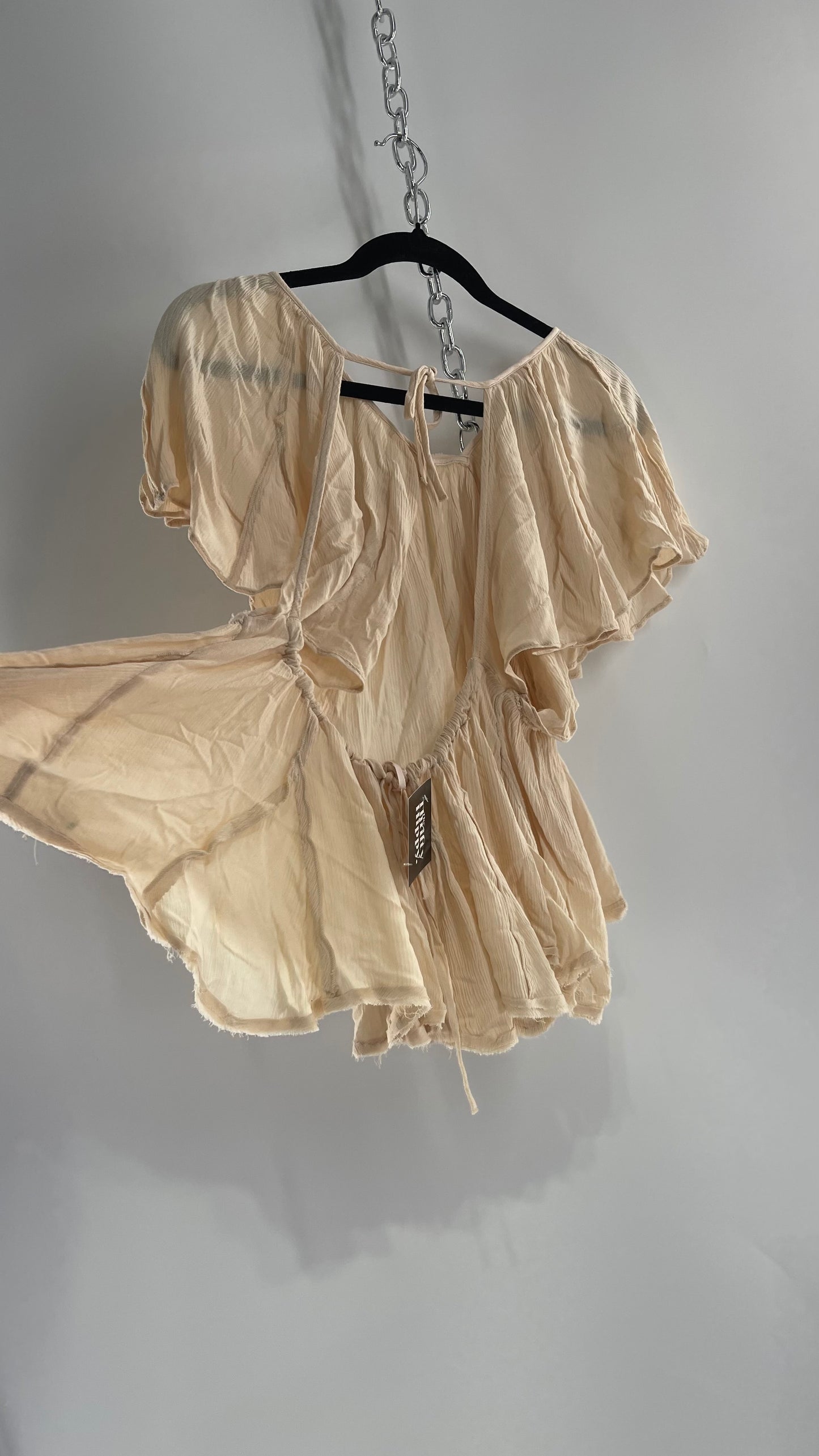 Free People Beige Open Back Drape Sleeve Blouse (XS)
