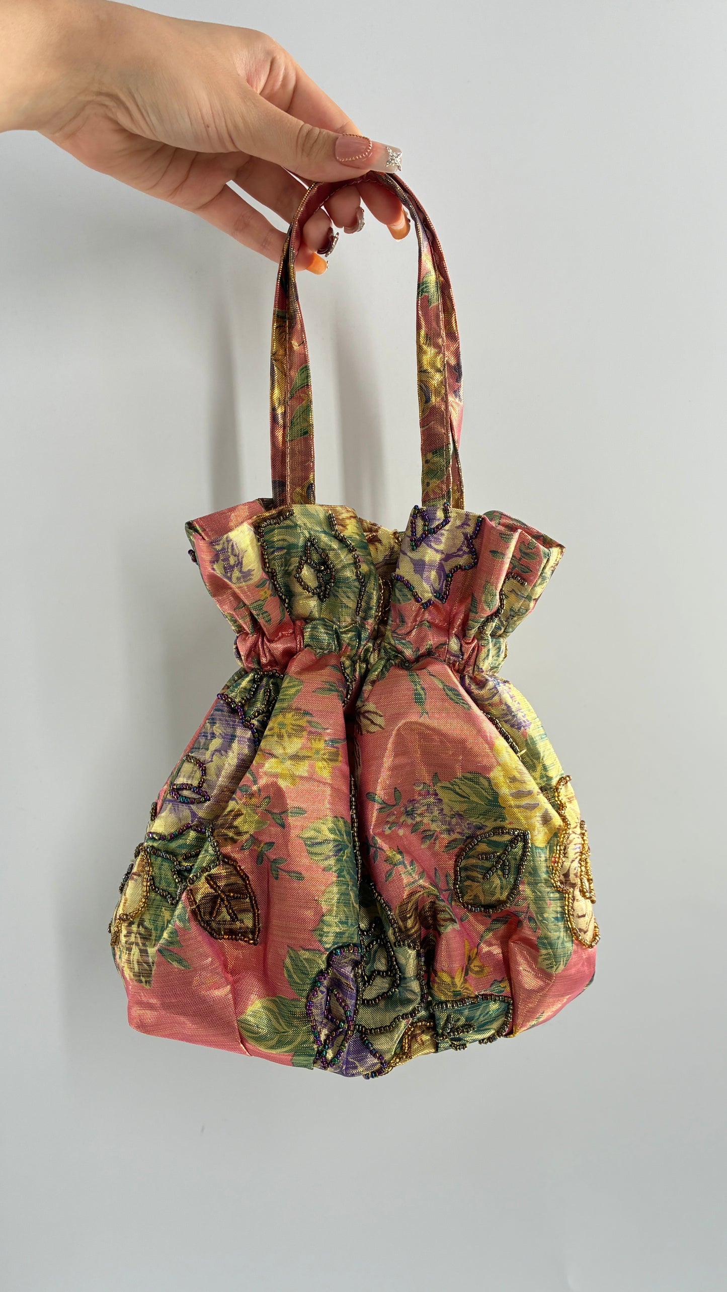 Vintage Metallic Cinch Bag with Beaded Florals