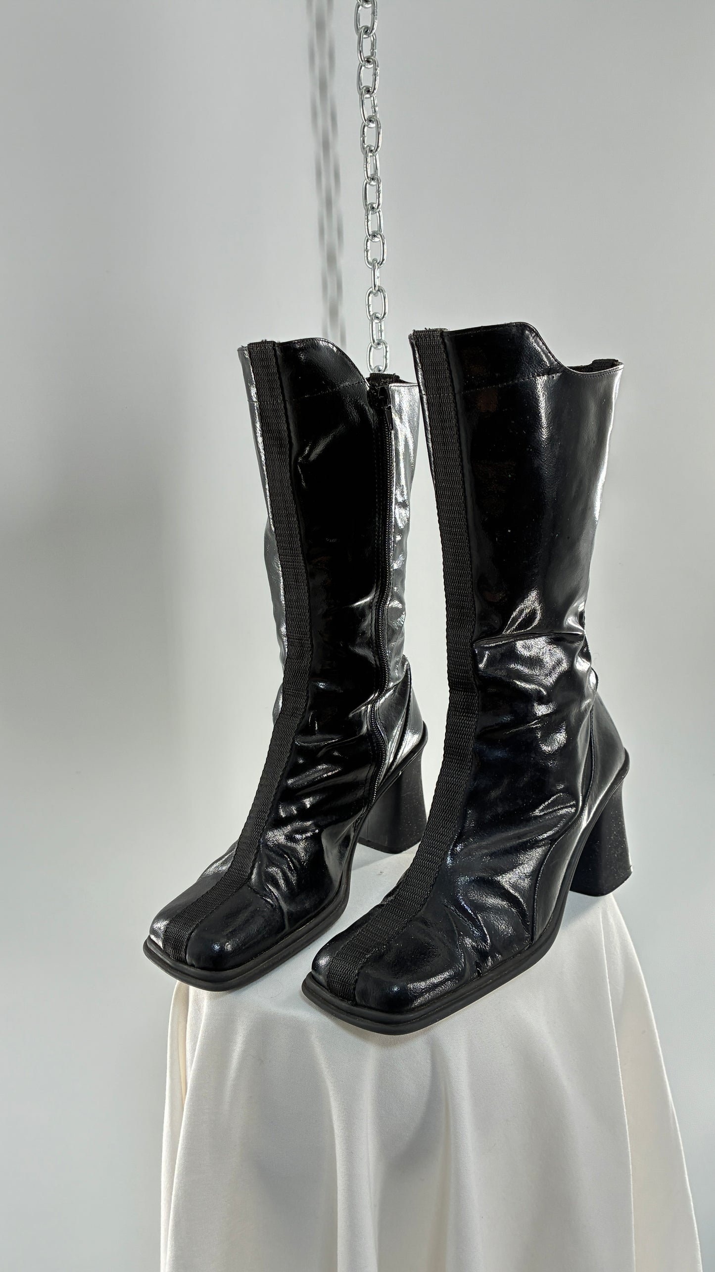 Vintage Black Patent Vinyl Boots with Square Toe and Block Heel with High, Low Calf (40)