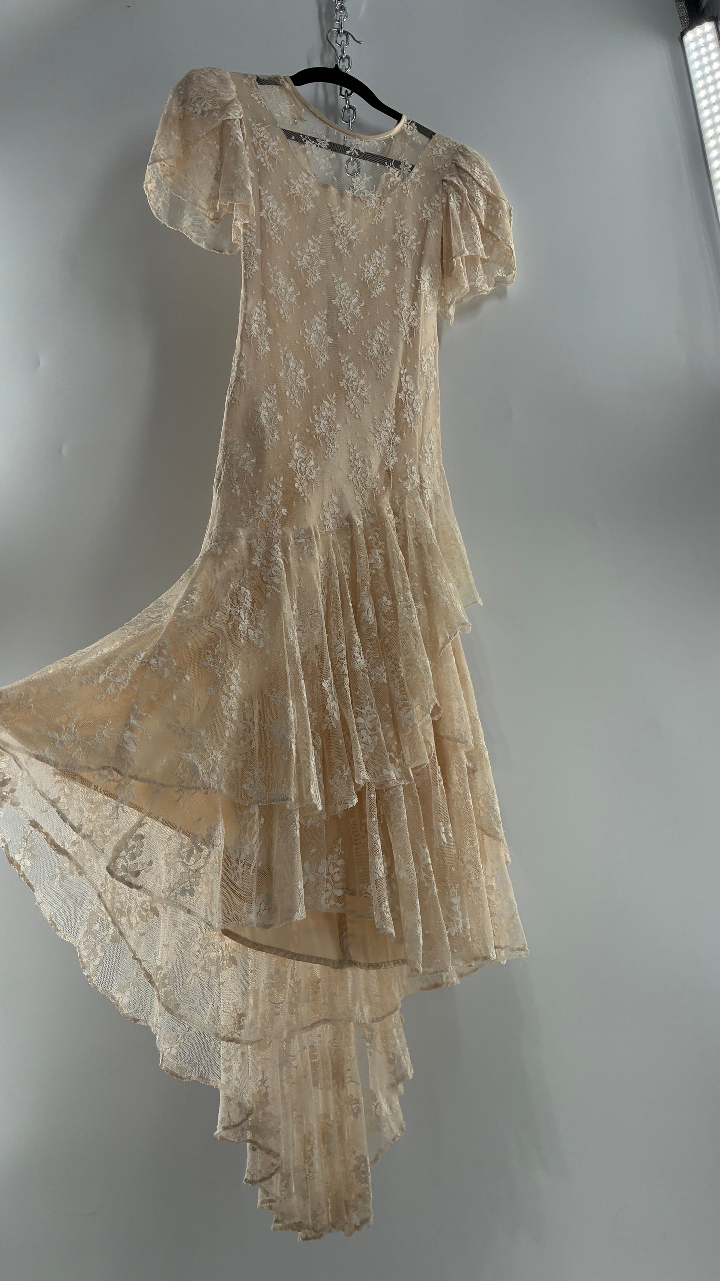 Vintage Ivory Lace Gown with Petal Sleeves, Tiered Hemline (5/6)
