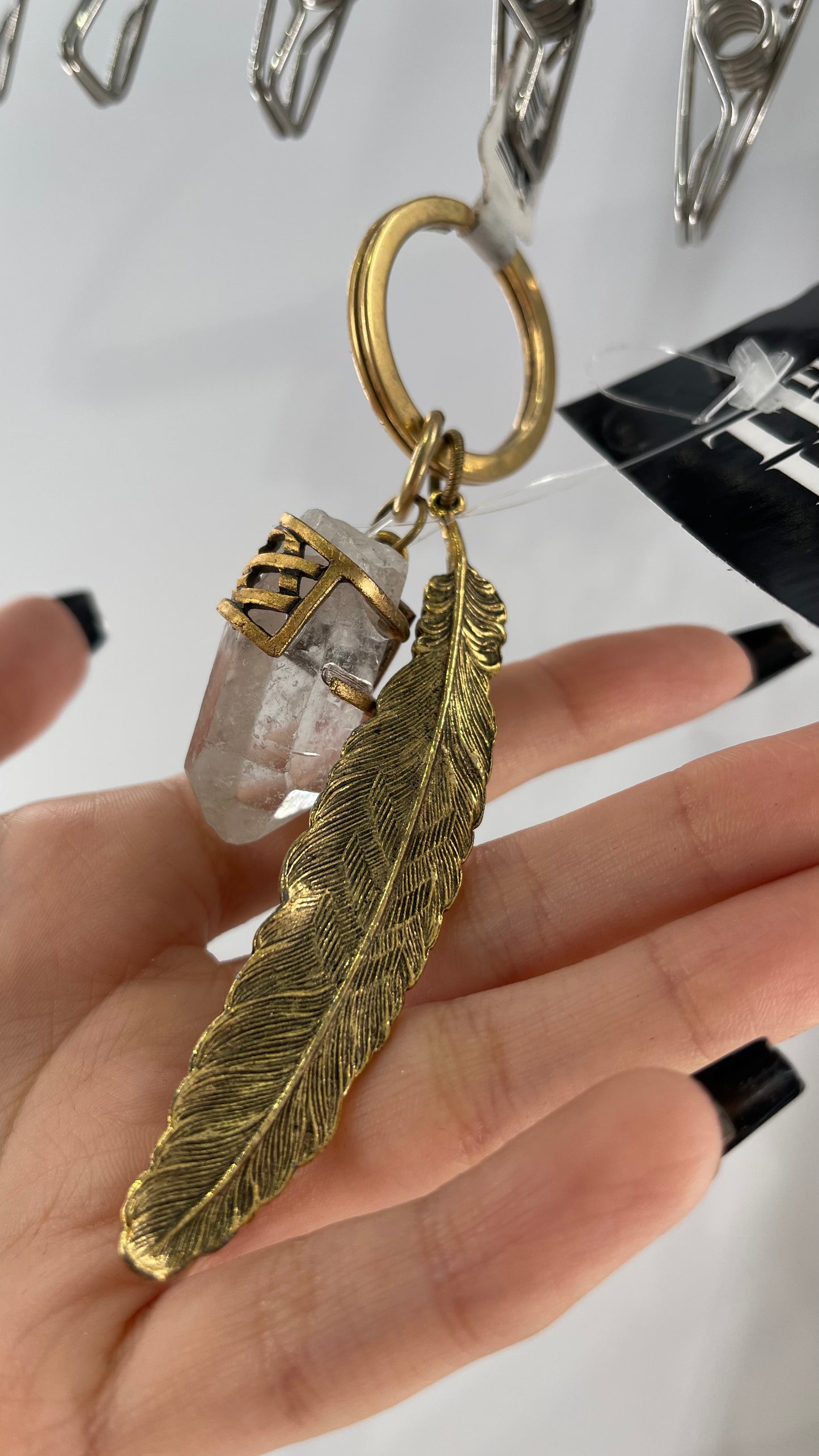 Free People Gold Metal Crystal Keychain with Feather