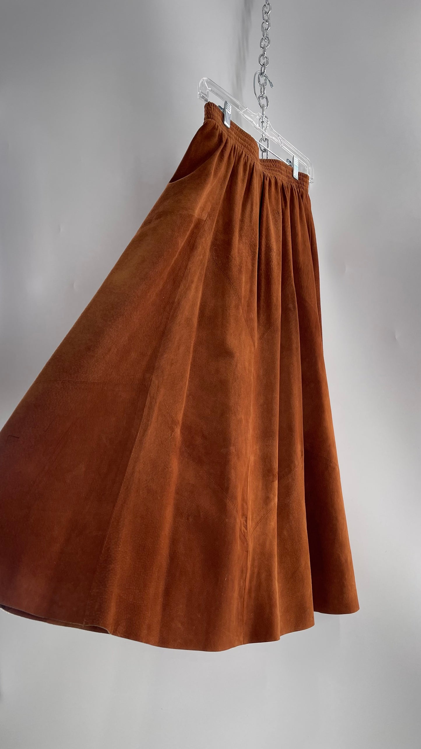 Vintage Brown Leather Suede Paneled Voluminous Skirt Assembled in Mexico (S)