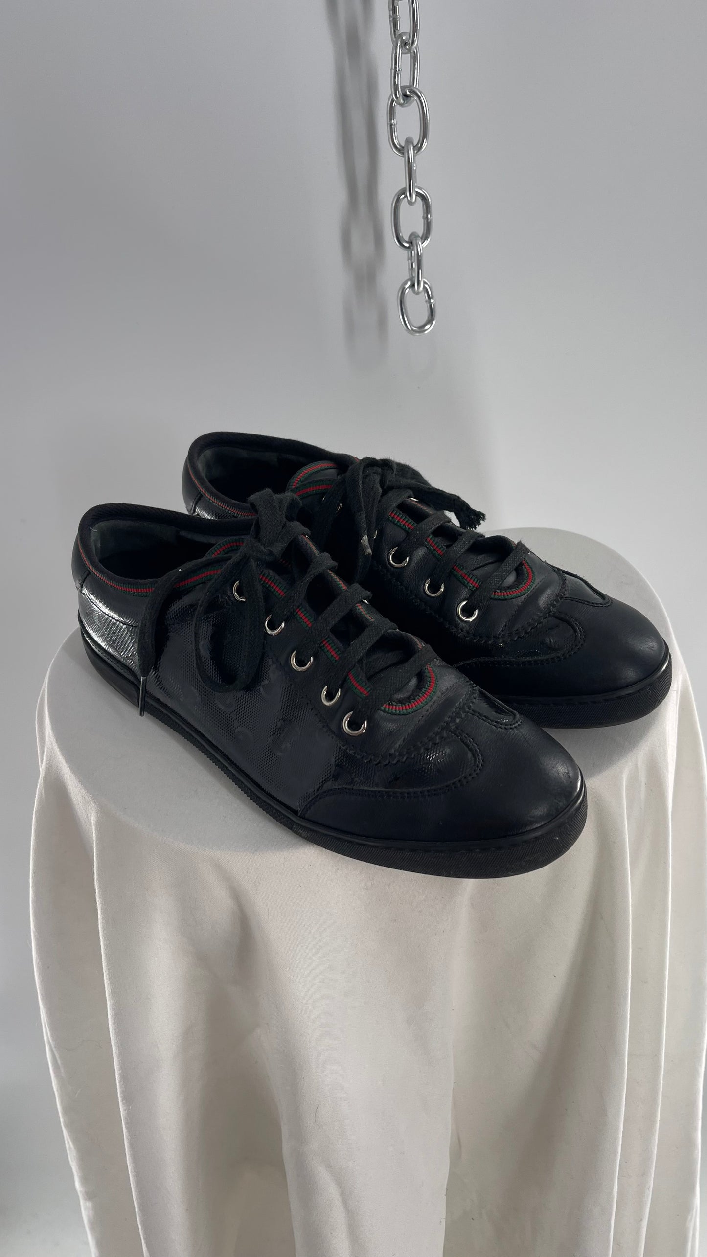 Vintage GUCCI Worn Black Leather Monogram Low Top Sneakers with Red/Green Iconic Trim (37)