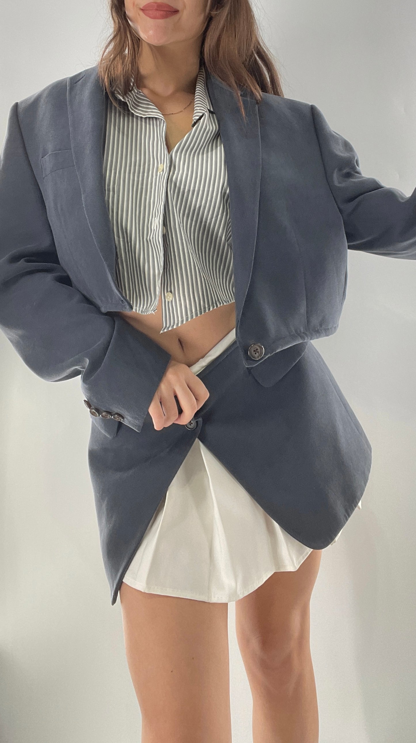 CUSTOM Handmade 2pc Suit Set Gray/Blue with Open Corset Back Skirt and Cropped Jacket (One Size)