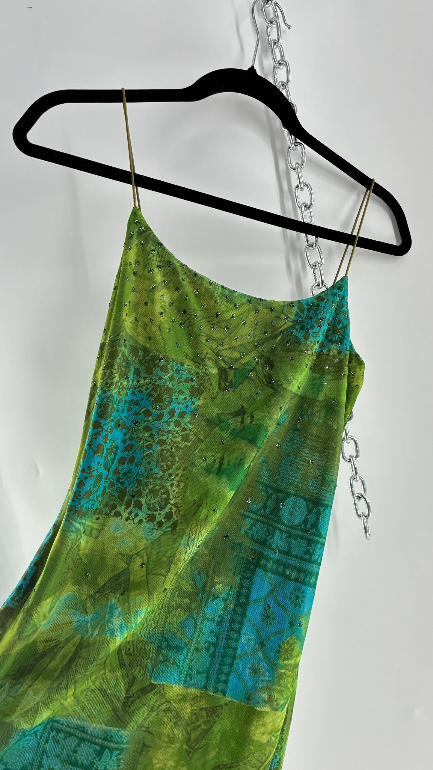 Vintage BYER TOO! CALIFORNIA Green and Blue Patchwork Patterned Midi Dress with Glitter Details and Slanted Cut (Medium)